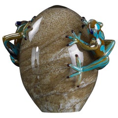 Glass Egg Crack with Frogs Color Turquoise, in Glass, Italy