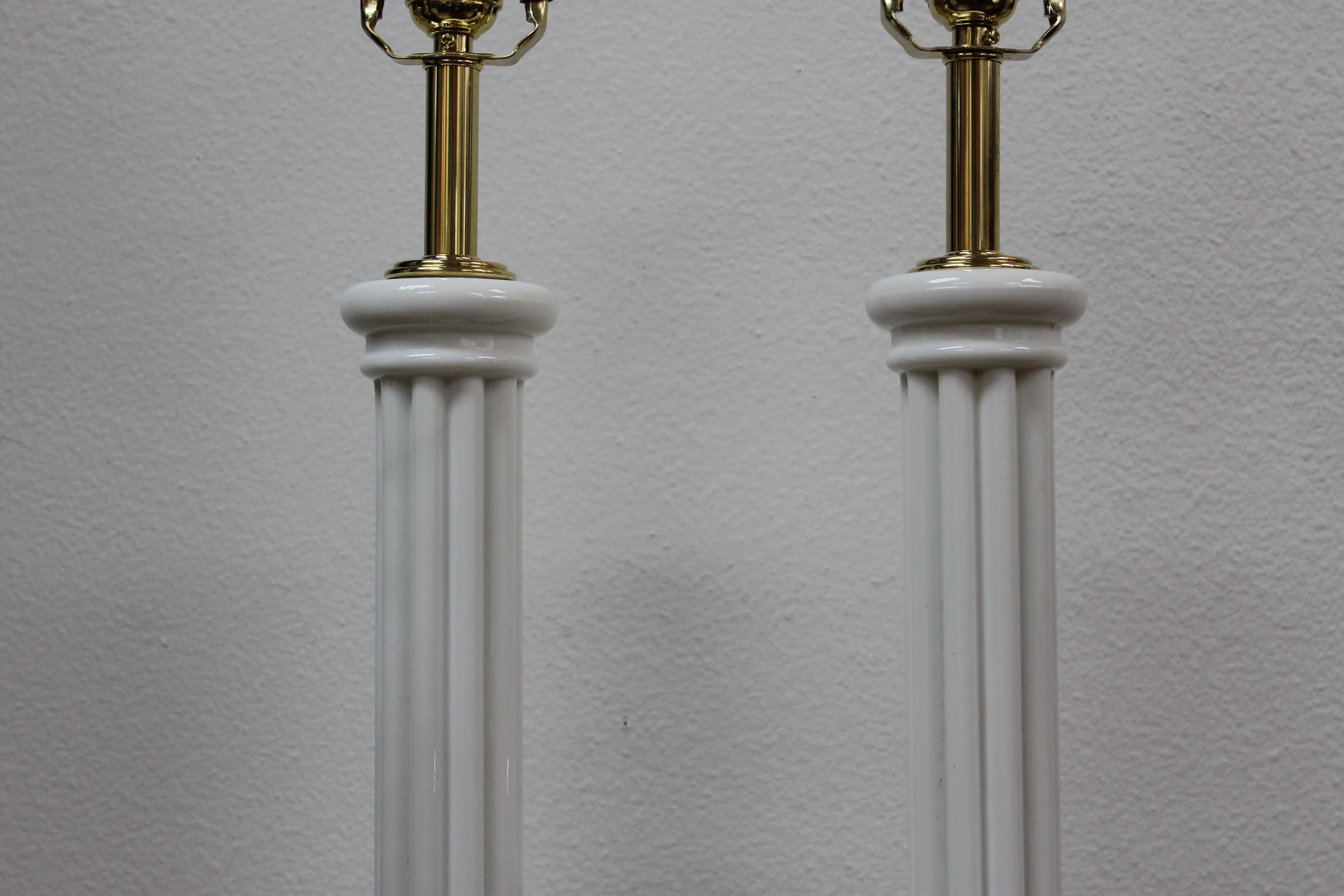 Glass Empire Column Lamps on Marble Bases In Good Condition For Sale In Palm Springs, CA