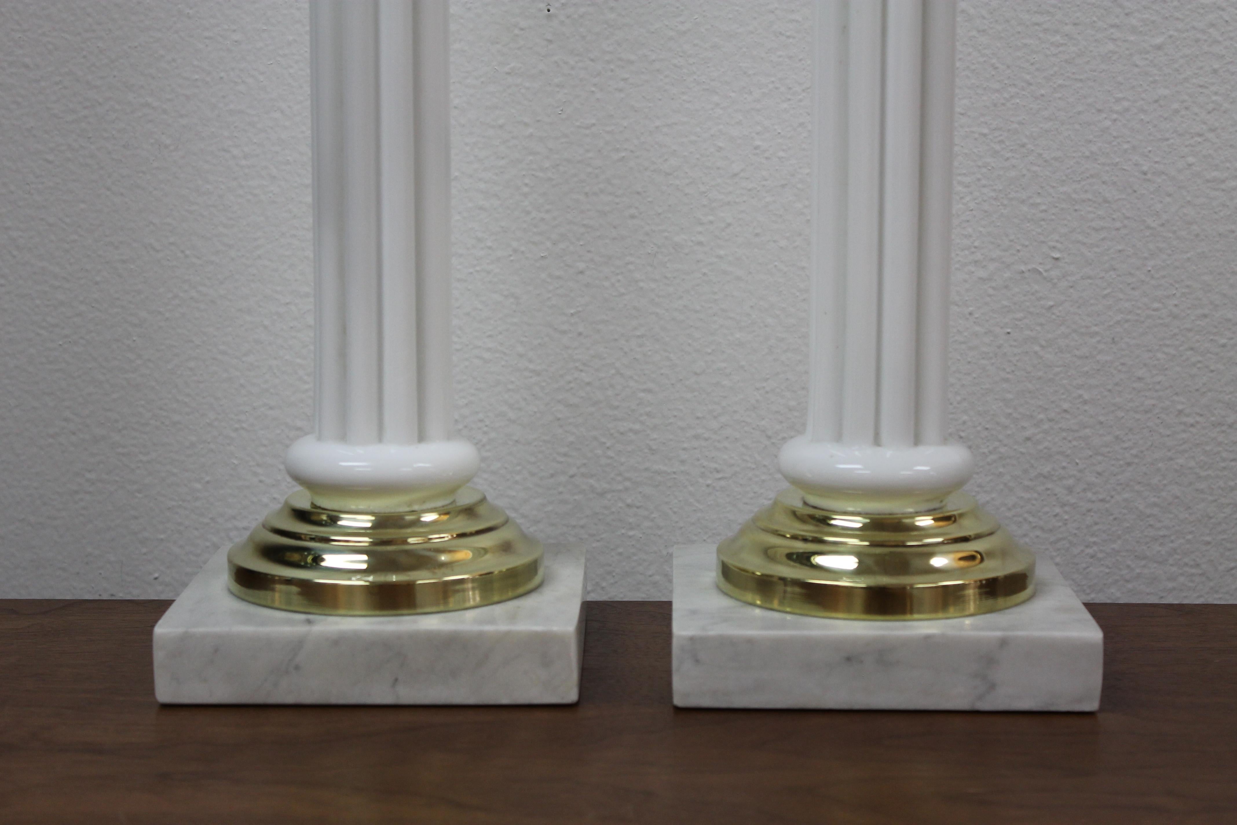Brass Glass Empire Column Lamps on Marble Bases For Sale