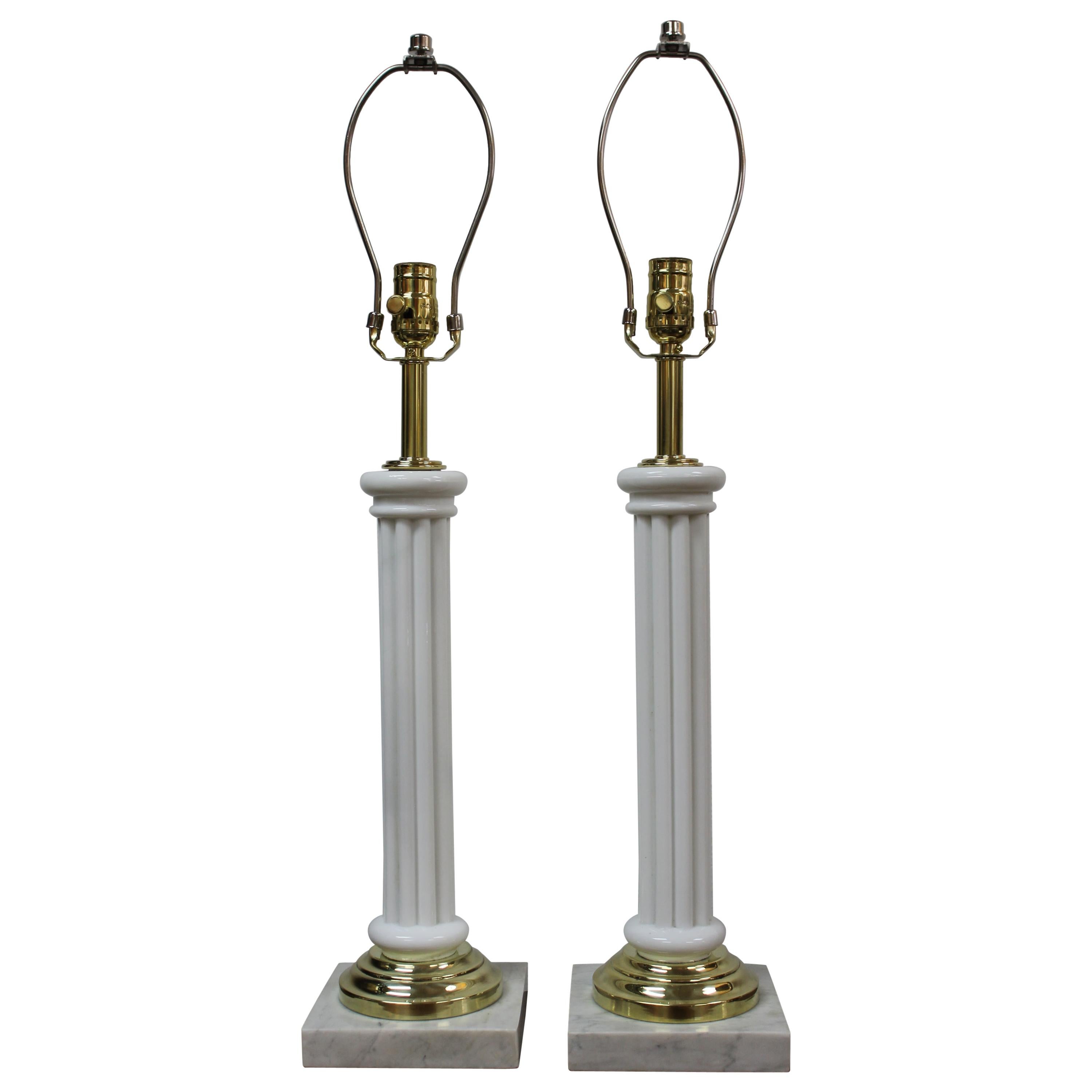 Glass Empire Column Lamps on Marble Bases