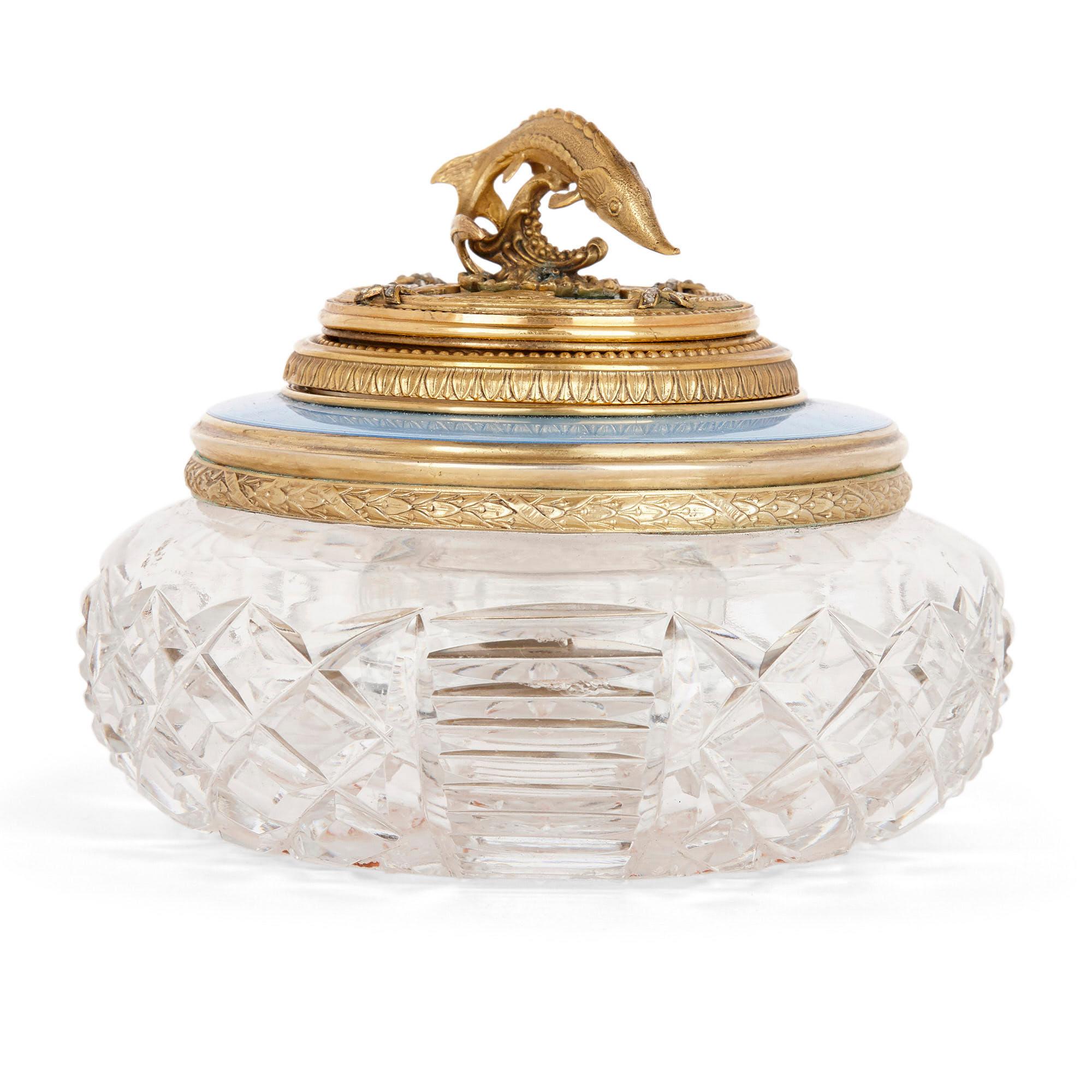 Faceted Glass, Enamel, and Vermeil Caviar Dish in the Manner of Fabergé