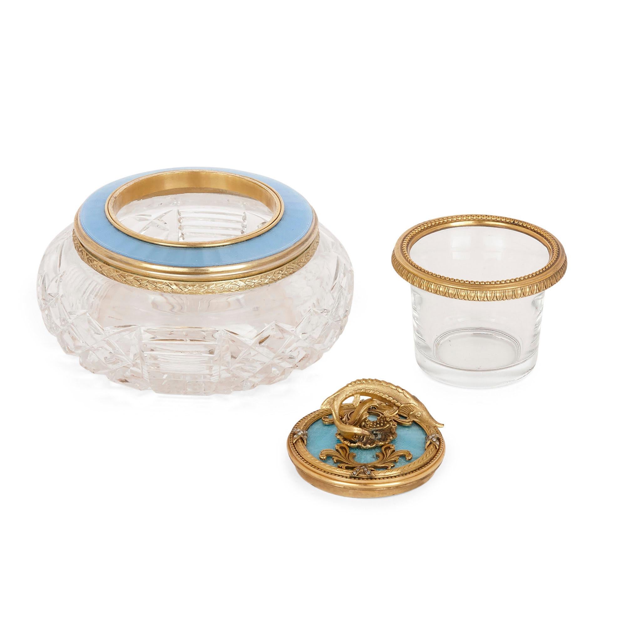 20th Century Glass, Enamel, and Vermeil Caviar Dish in the Manner of Fabergé