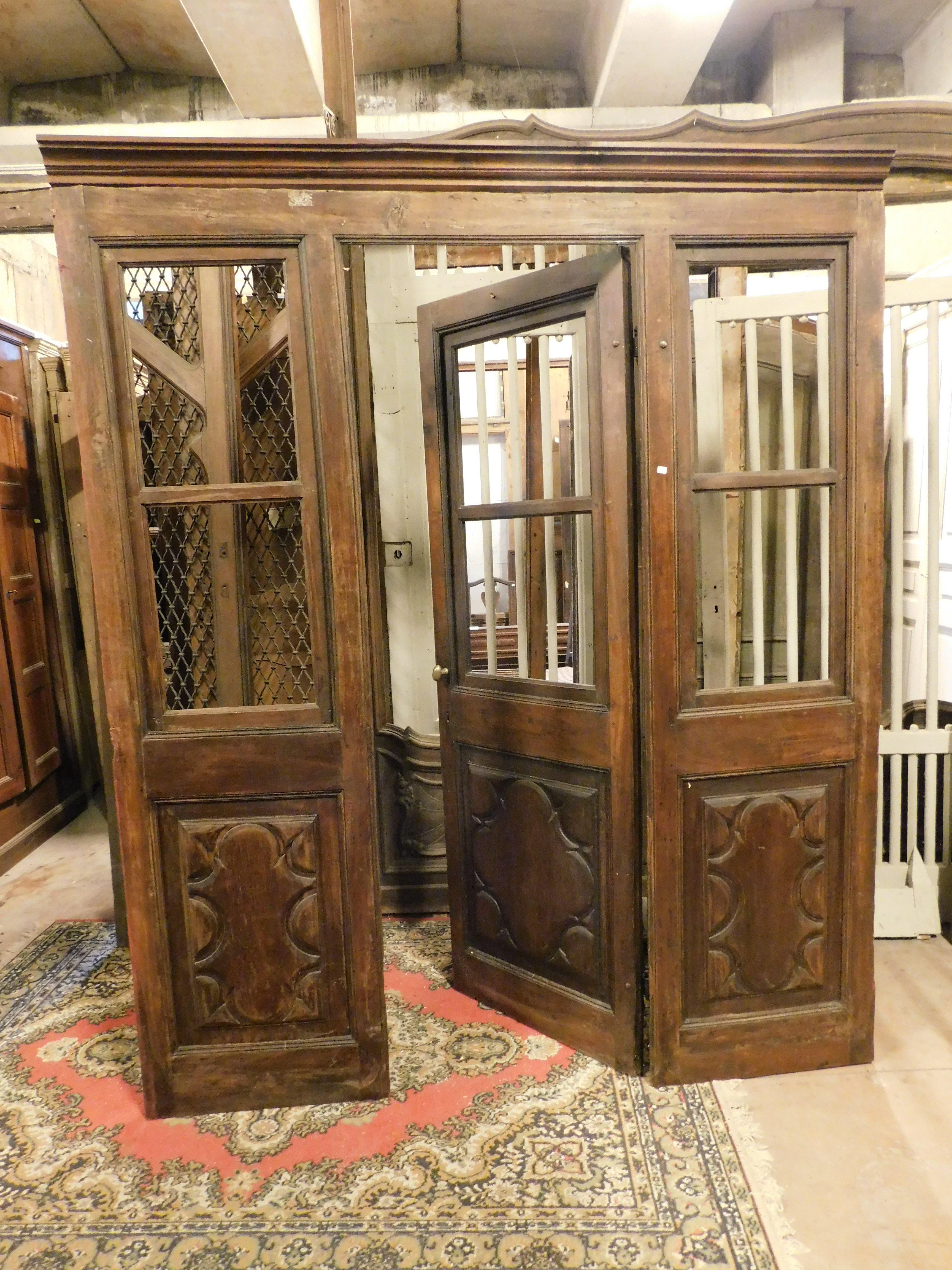 Italian Glass entrance shop door with windows, carved walnut and complete frame, Italy For Sale