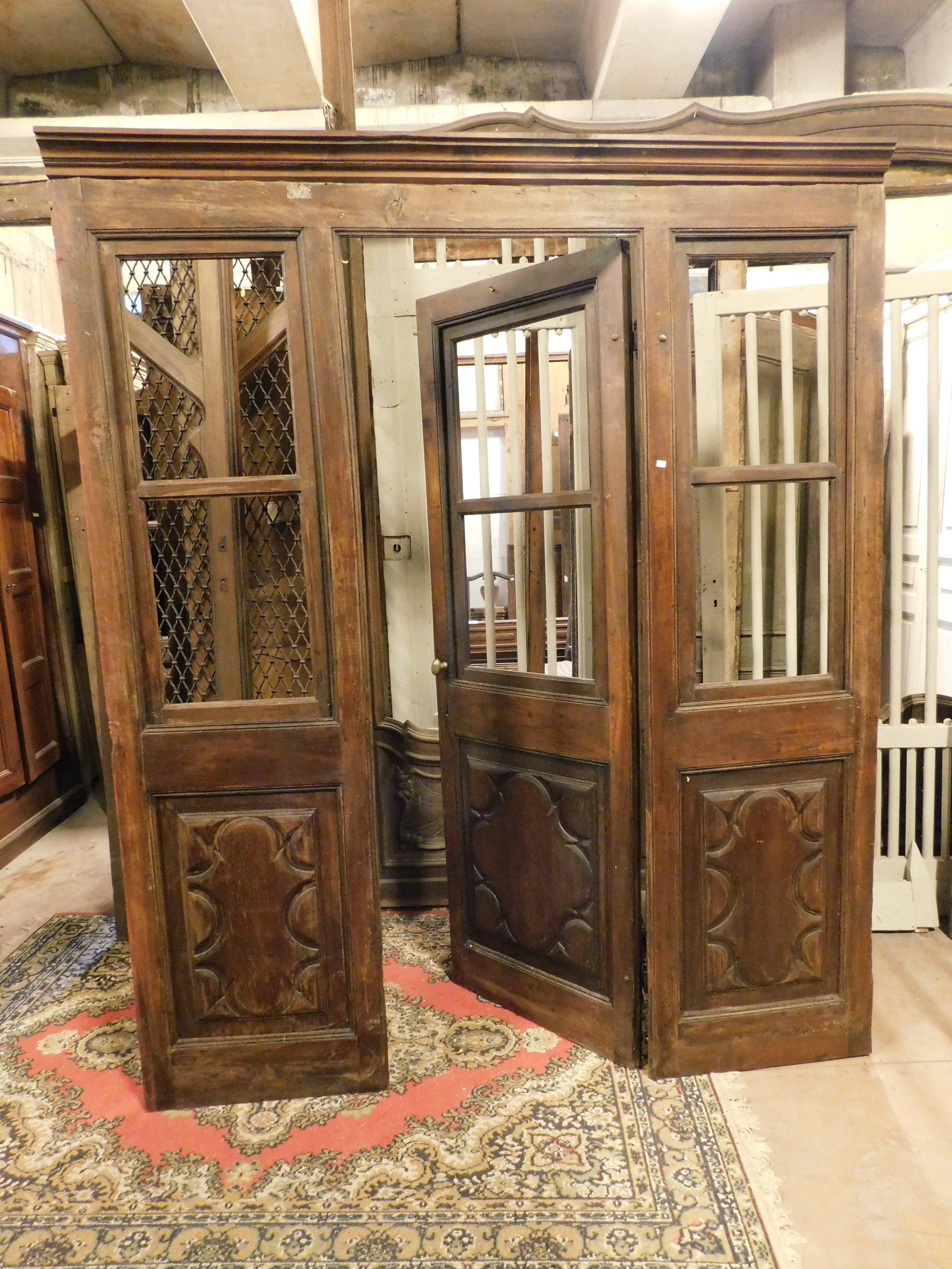 Hand-Carved Glass entrance shop door with windows, carved walnut and complete frame, Italy For Sale