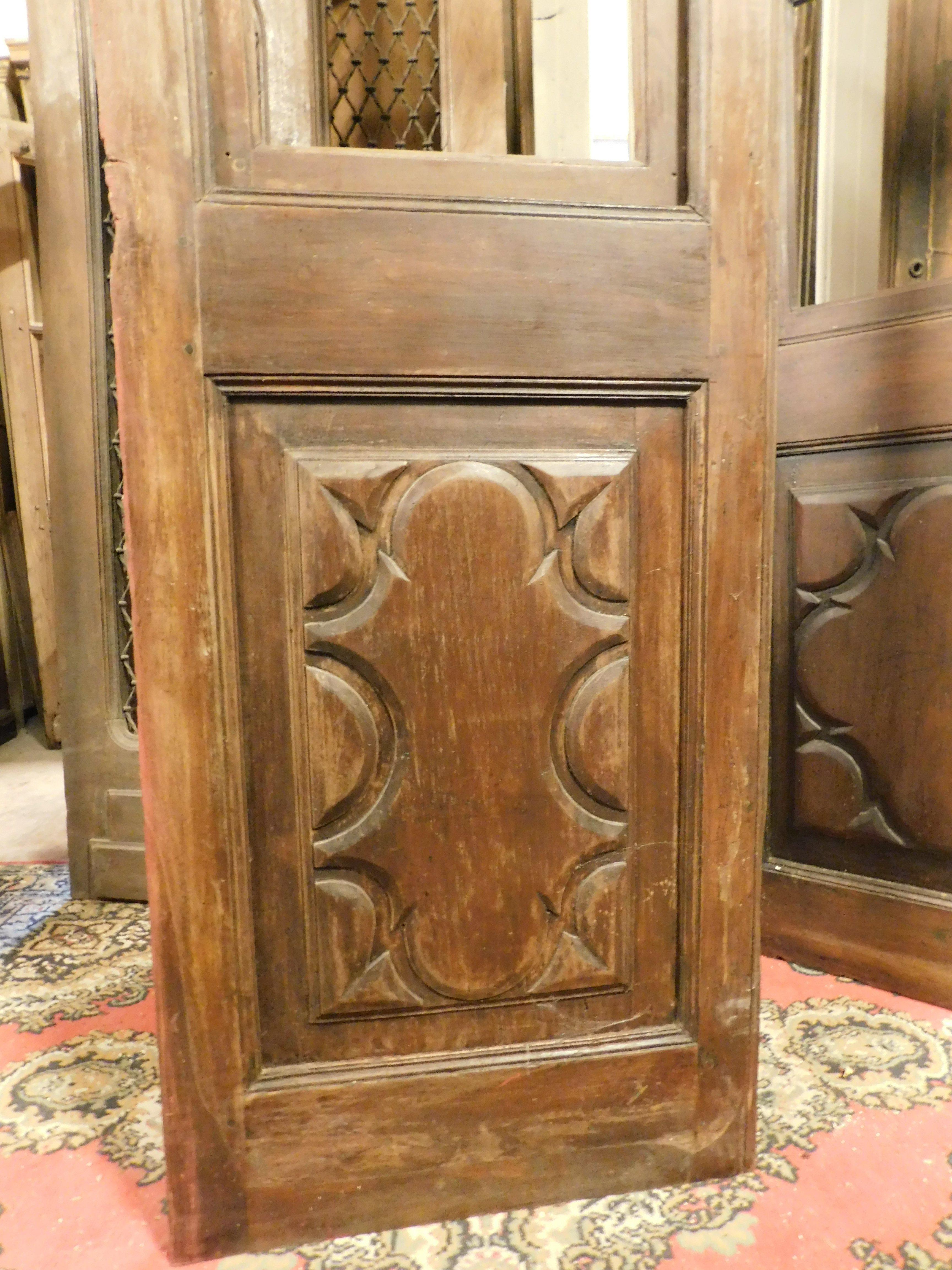 19th Century Glass entrance shop door with windows, carved walnut and complete frame, Italy For Sale