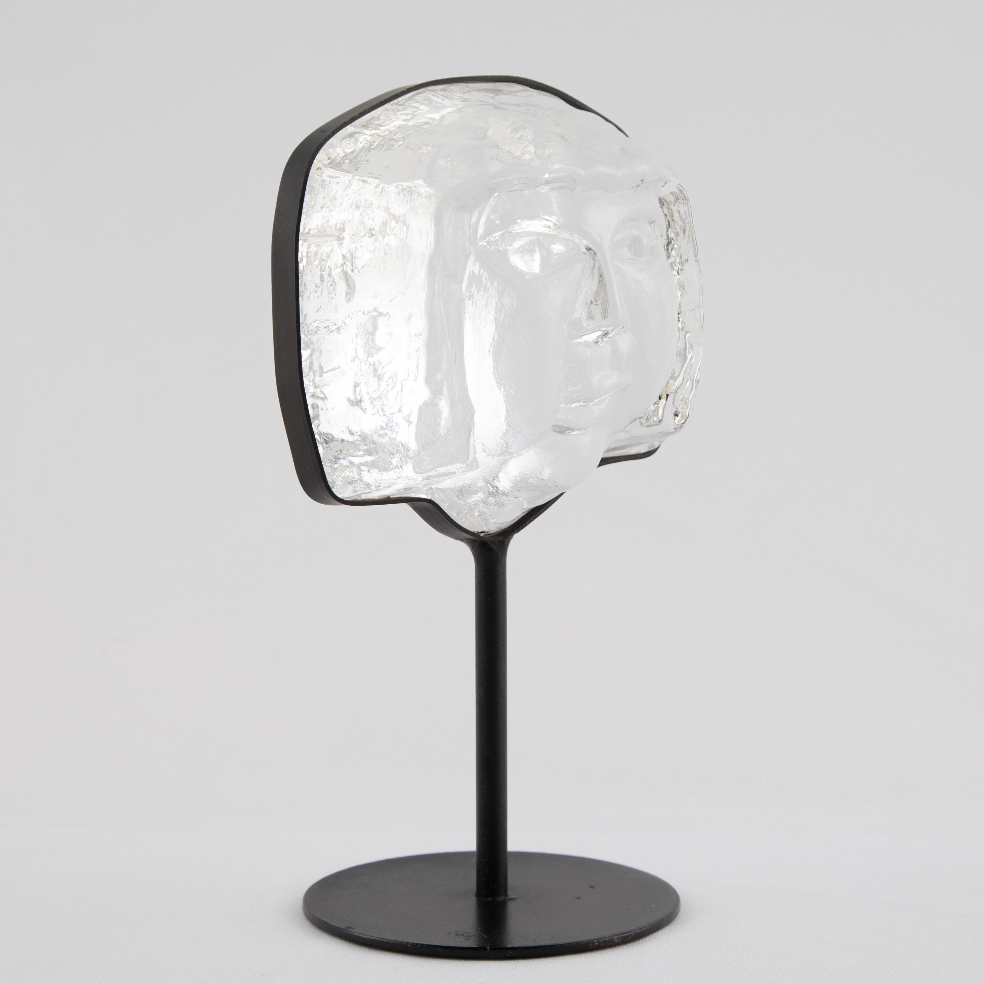 Glass Face Sculpture on Iron Stand by Erik Hoglund for Kosta Boda, circa 1960s For Sale 3