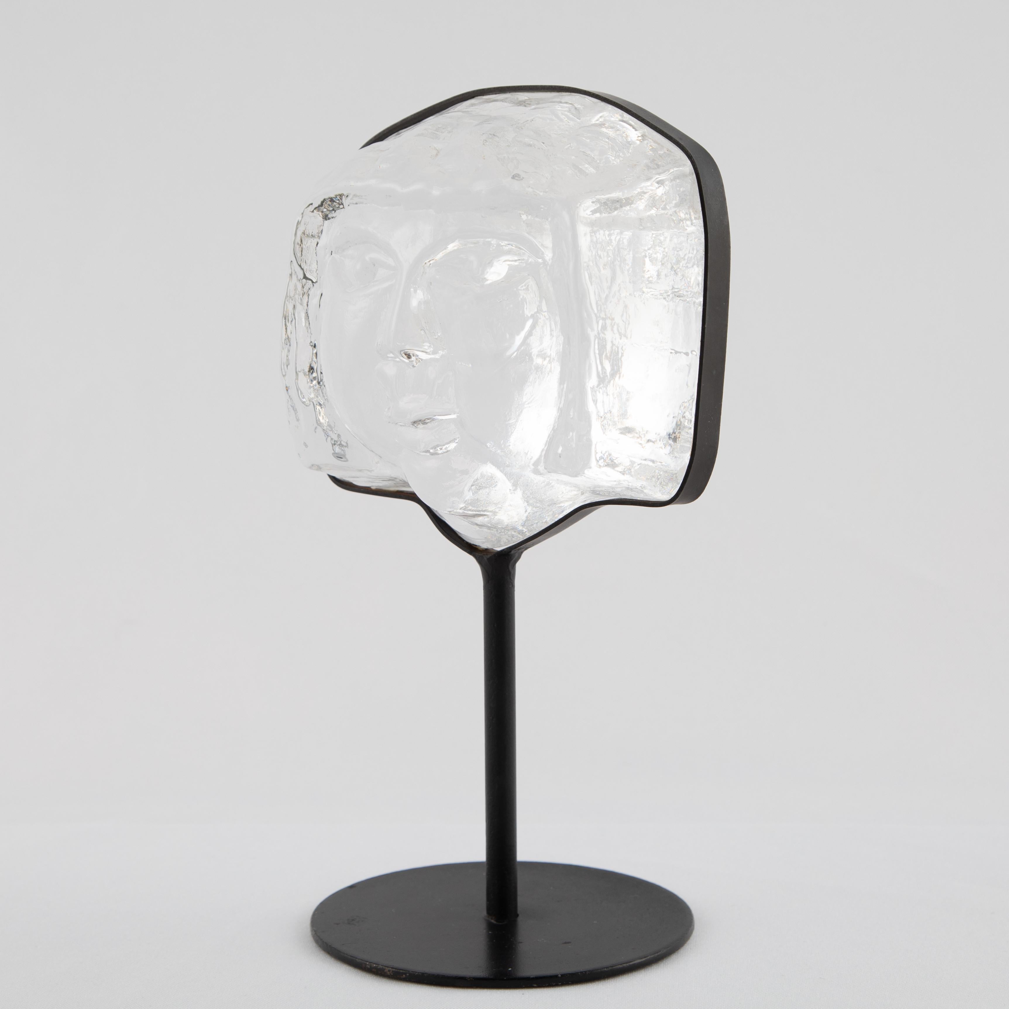Painted Glass Face Sculpture on Iron Stand by Erik Hoglund for Kosta Boda, circa 1960s For Sale