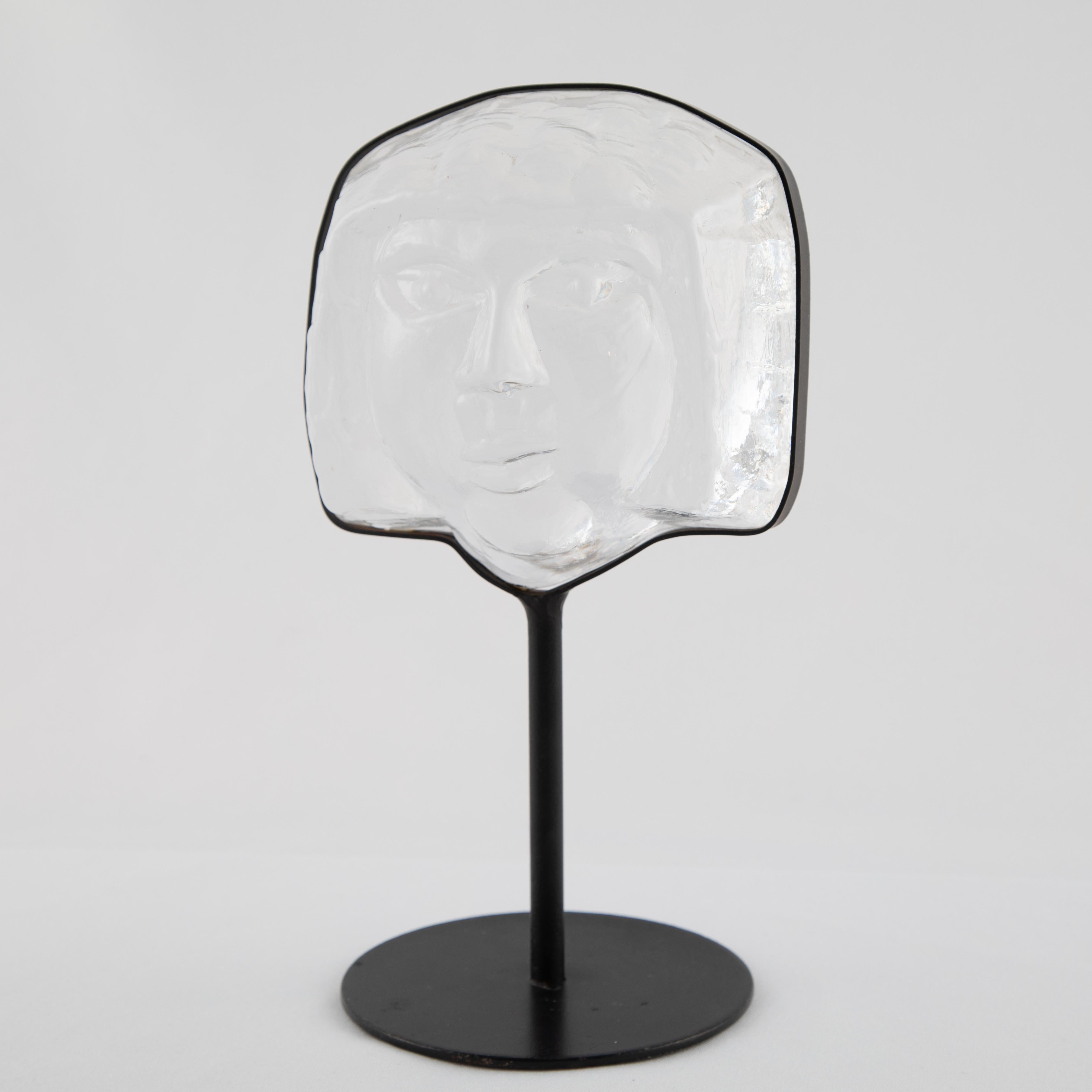 Glass Face Sculpture on Iron Stand by Erik Hoglund for Kosta Boda, circa 1960s In Good Condition For Sale In Brooklyn, NY