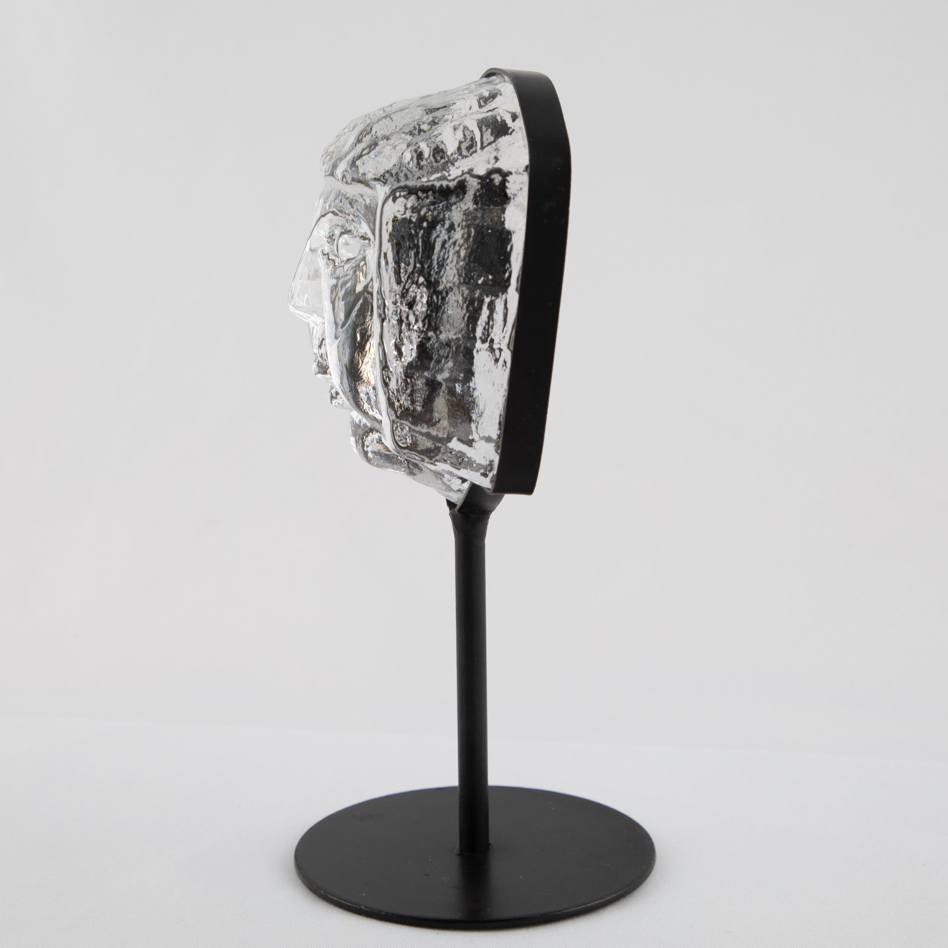 Mid-20th Century Glass Face Sculpture on Iron Stand by Erik Hoglund for Kosta Boda, circa 1960s For Sale