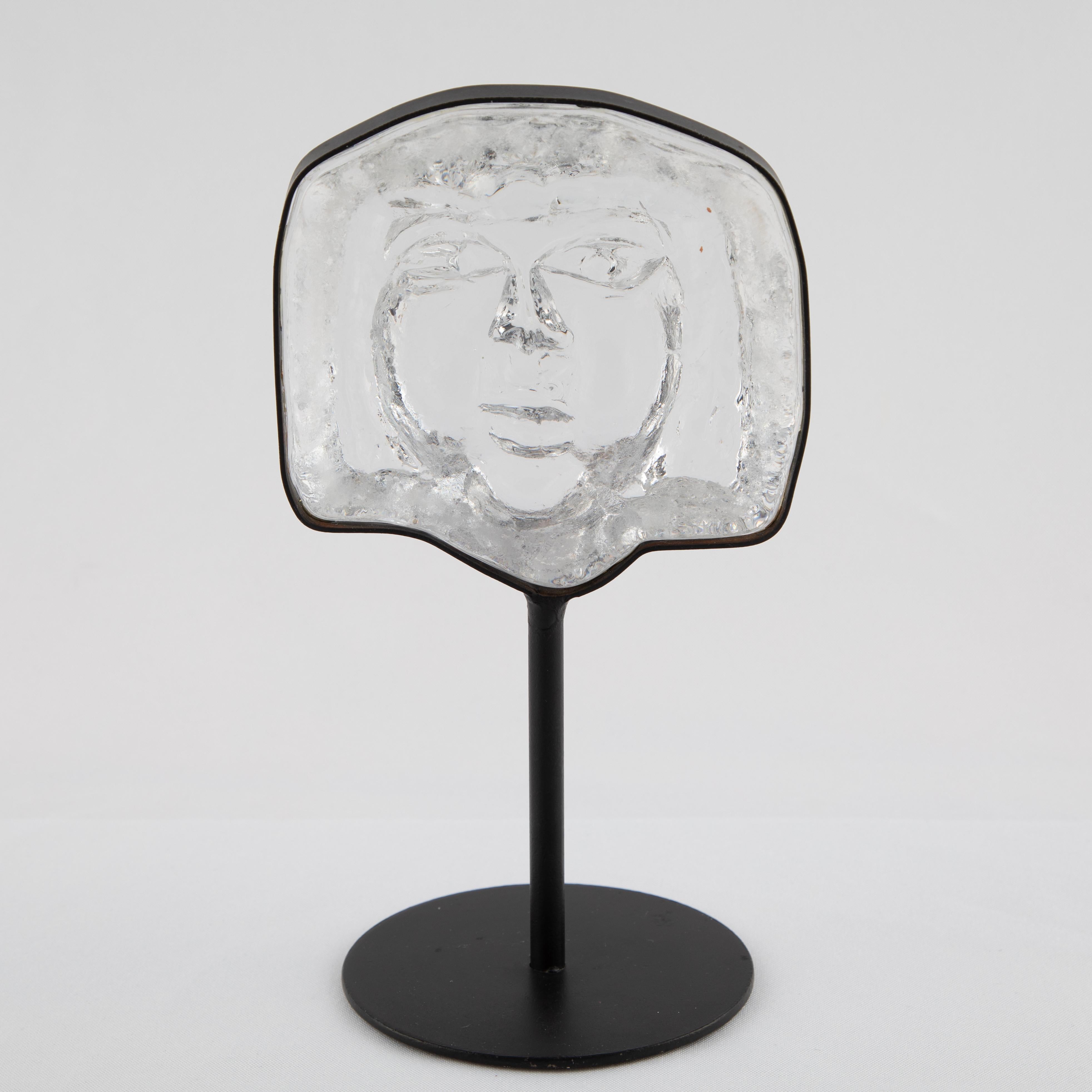 Glass Face Sculpture on Iron Stand by Erik Hoglund for Kosta Boda, circa 1960s For Sale 1