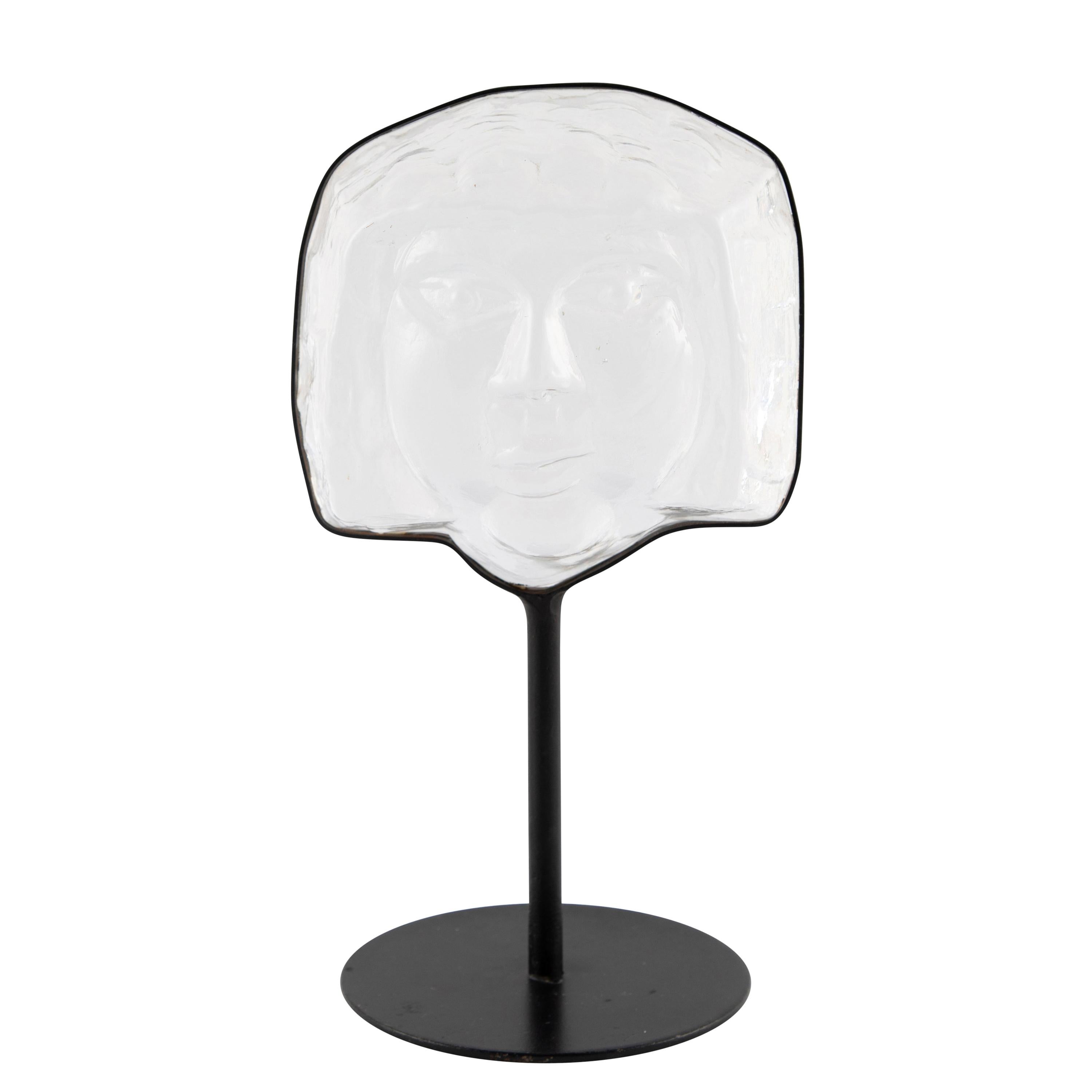 Glass Face Sculpture on Iron Stand by Erik Hoglund for Kosta Boda, circa 1960s For Sale