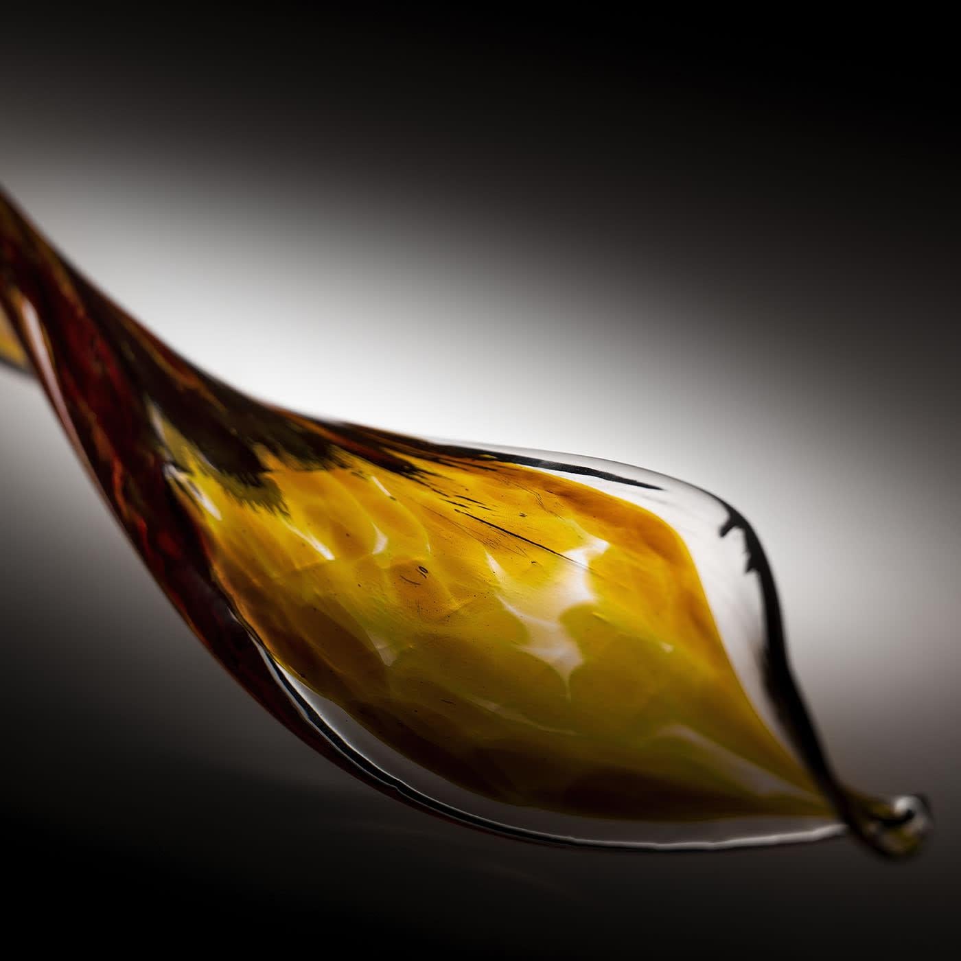 L'élégance intemporelle et le raffinement caractérisent ce lustre spectaculaire, doté de 14 pendentifs en forme de feuille fabriqués à la main en verre de Murano, colorés dans une teinte ambrée chaude et douce. Avec un profil léger et sinueux,