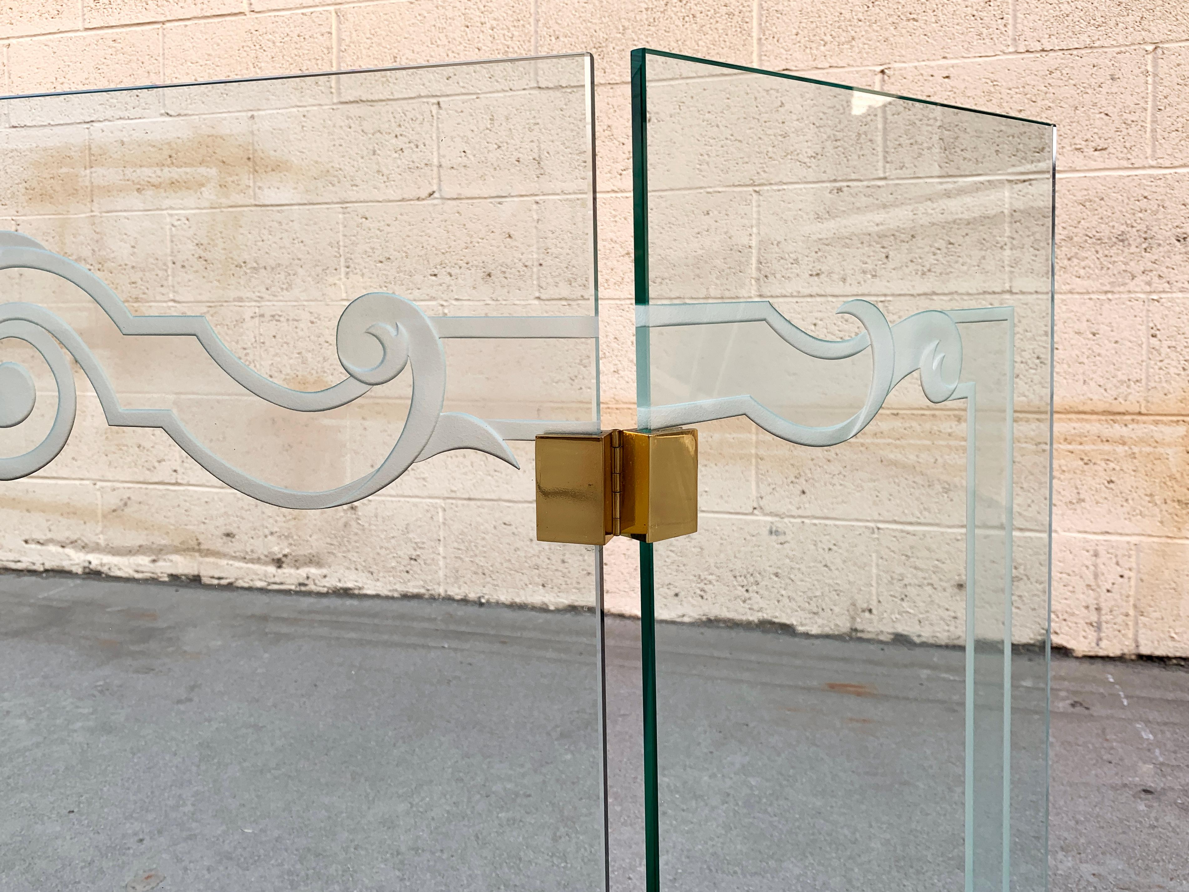 Etched Glass Fireplace Screen with Brass Hinges by Danny Alessandro, Custom Etching For Sale