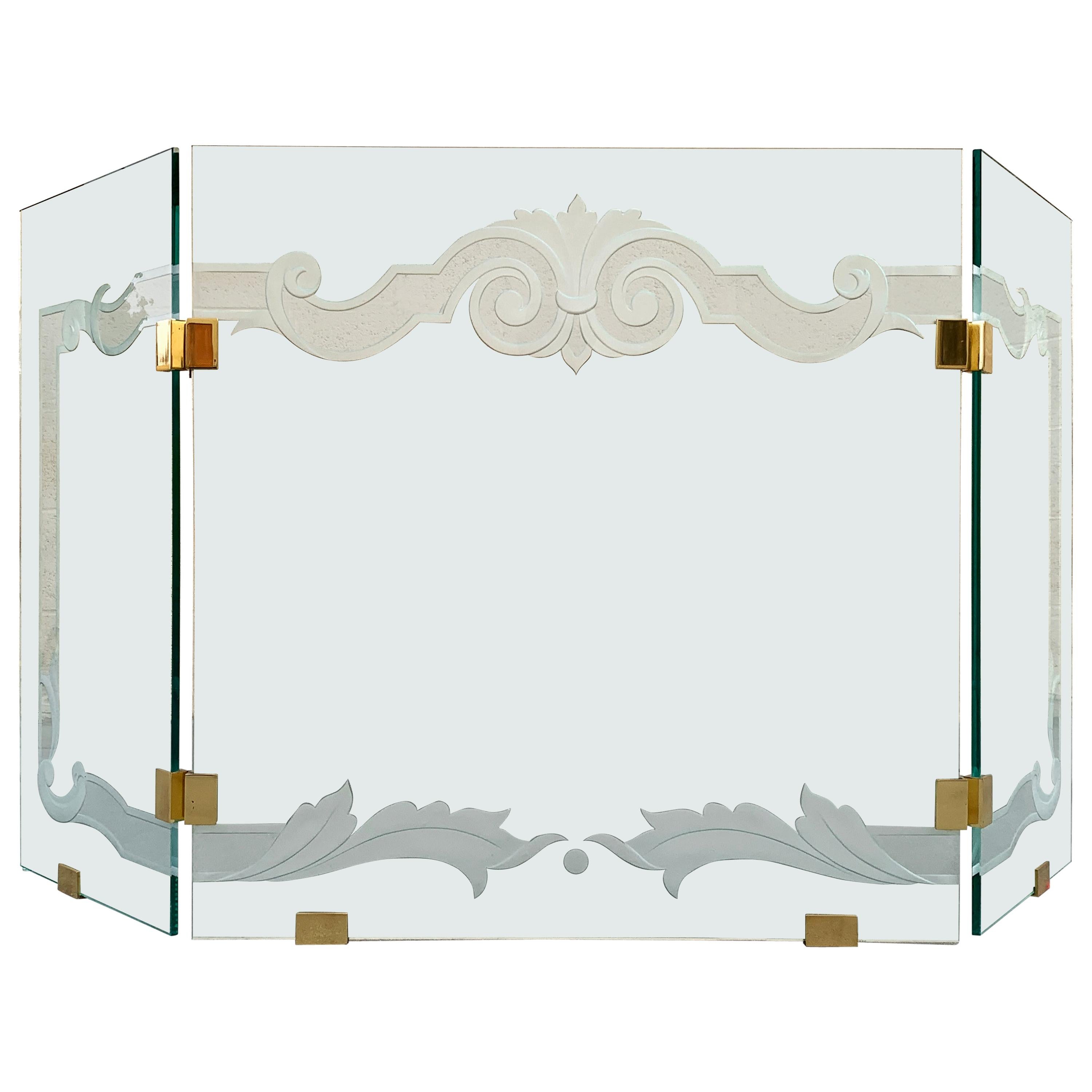Glass Fireplace Screen with Brass Hinges by Danny Alessandro, Custom Etching For Sale