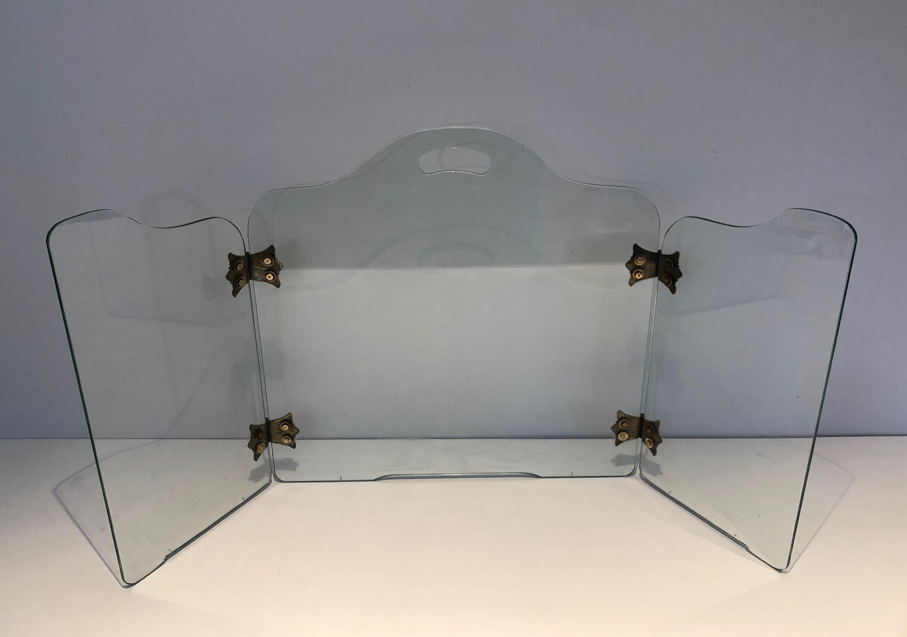 Kaminschirm aus Glas mit Bronze-Hängelampen im Angebot 4