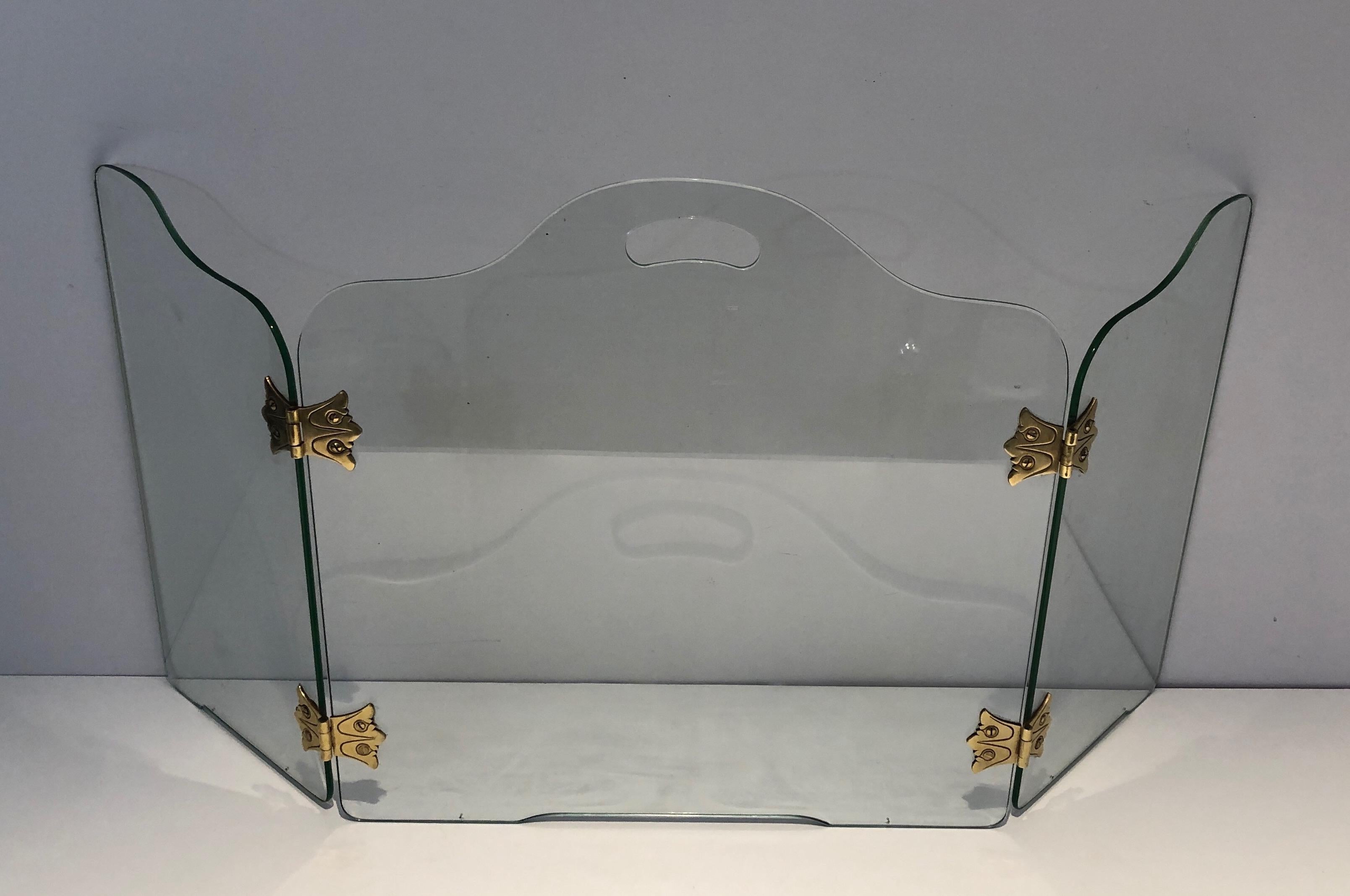 Kaminschirm aus Glas mit Bronze-Hängelampen im Angebot 9