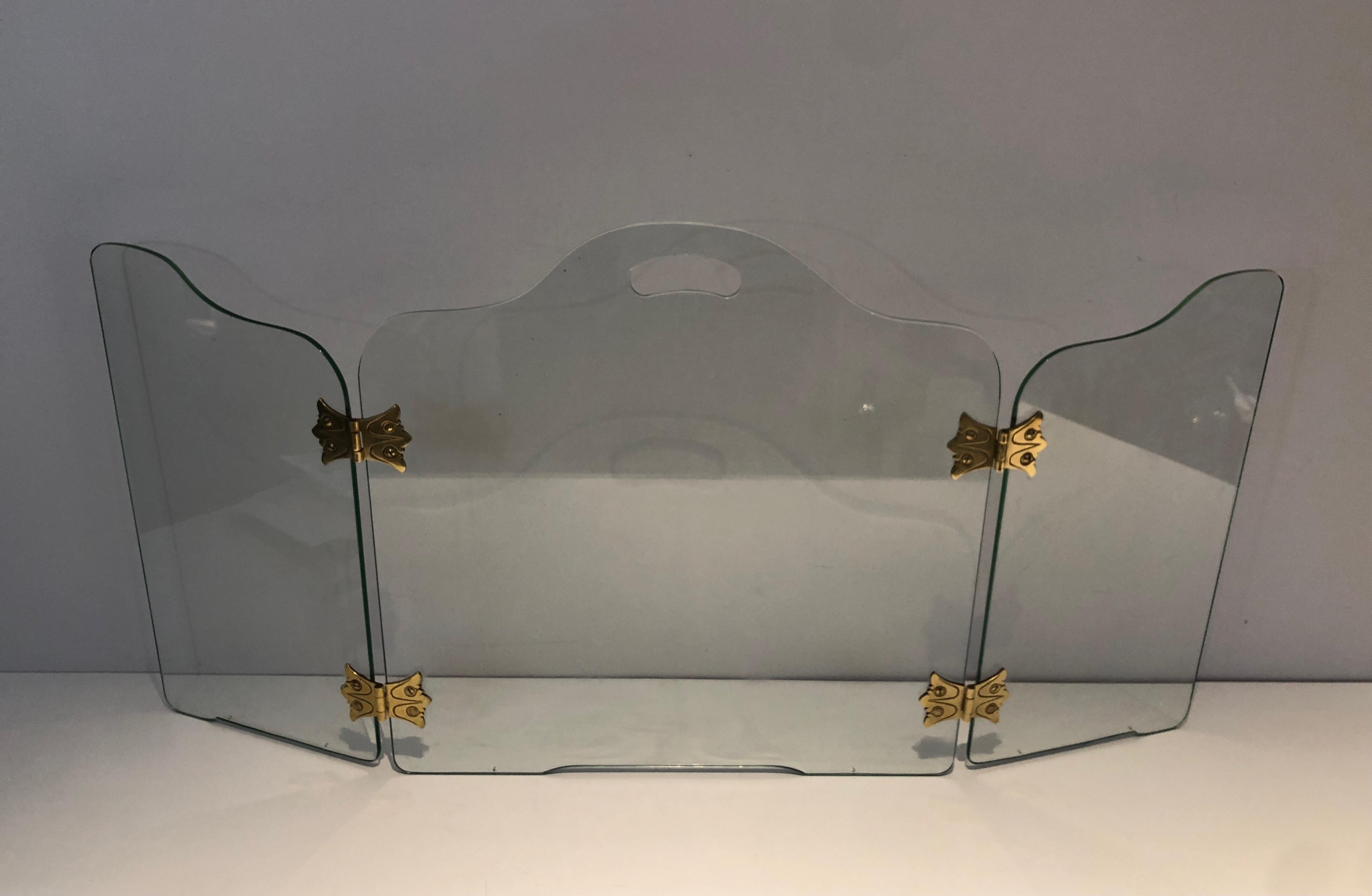 Kaminschirm aus Glas mit Bronze-Hängelampen im Angebot 13