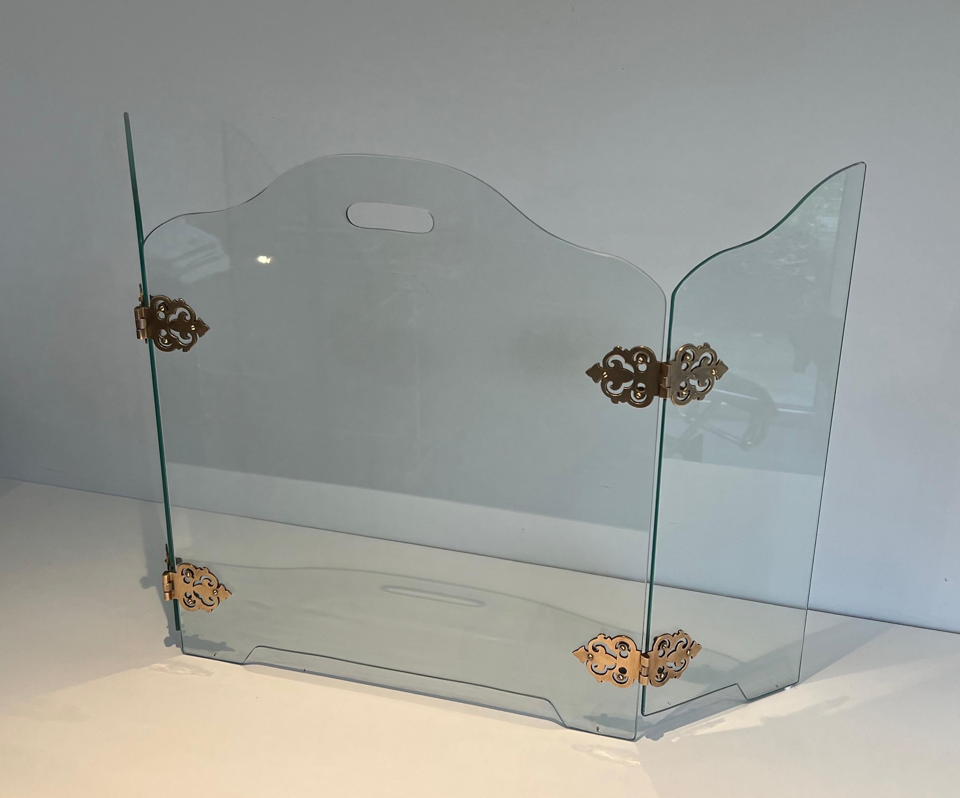 Mid-Century Modern Glass Fireplace Screen with Bronze Hinges For Sale