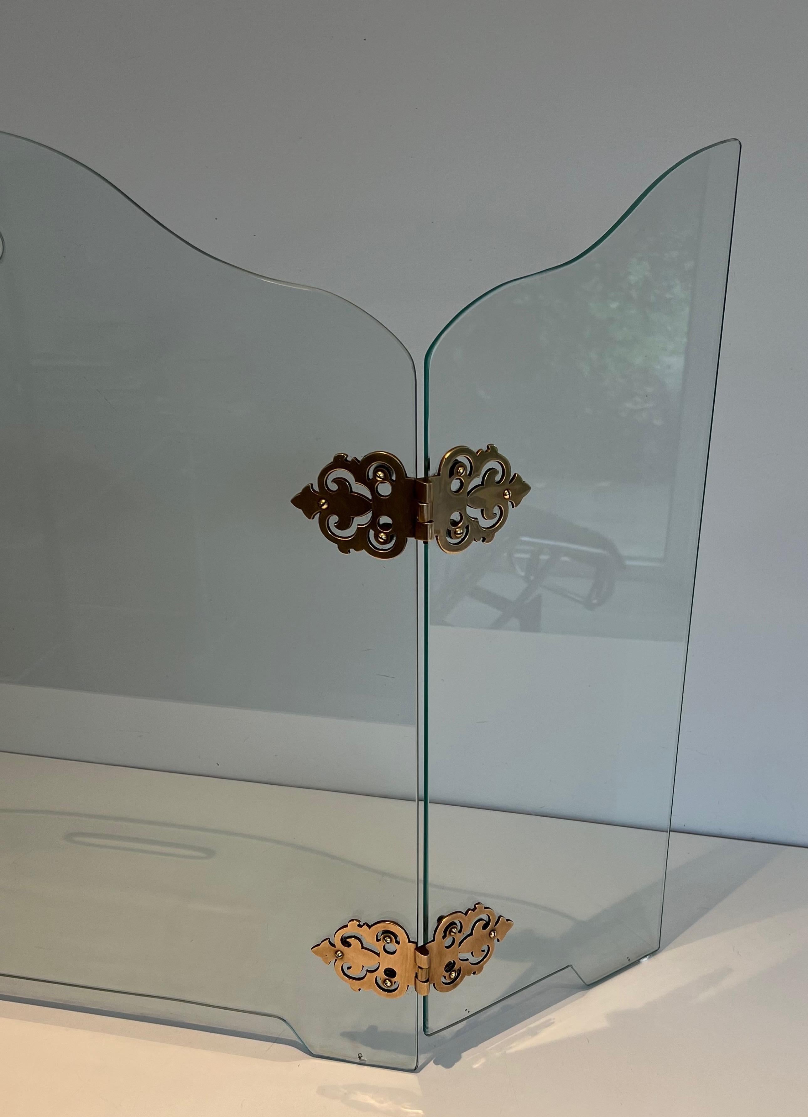 Kaminschirm aus Glasglas mit Bronzegriffen (Französisch) im Angebot