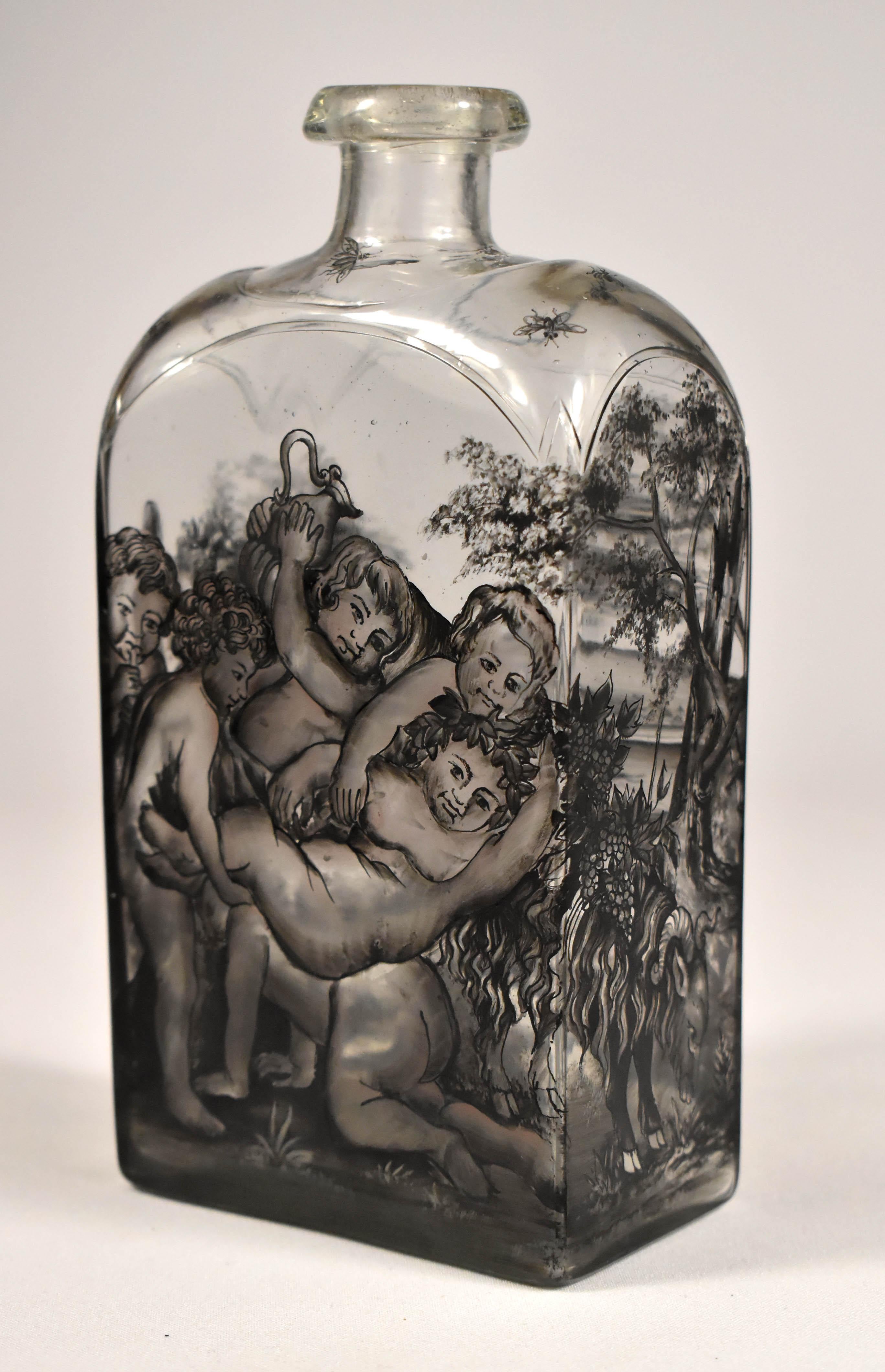 Hand-Crafted Glass Flask, Painted – Bacchus -Schwarzlot 'Ignac Preisler?18th Century'