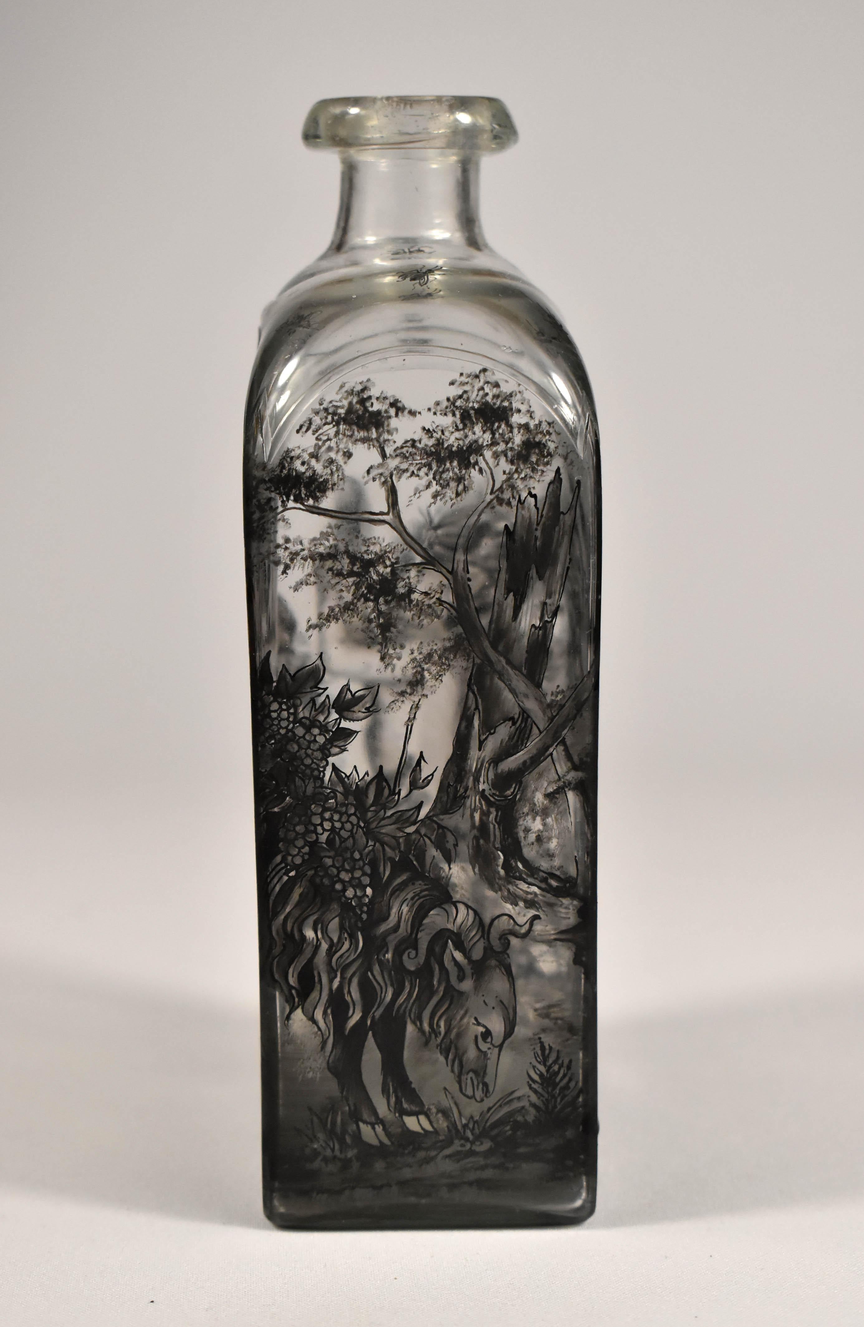 Glass Flask, Painted – Bacchus -Schwarzlot 'Ignac Preisler?18th Century' In Good Condition In Nový Bor, CZ
