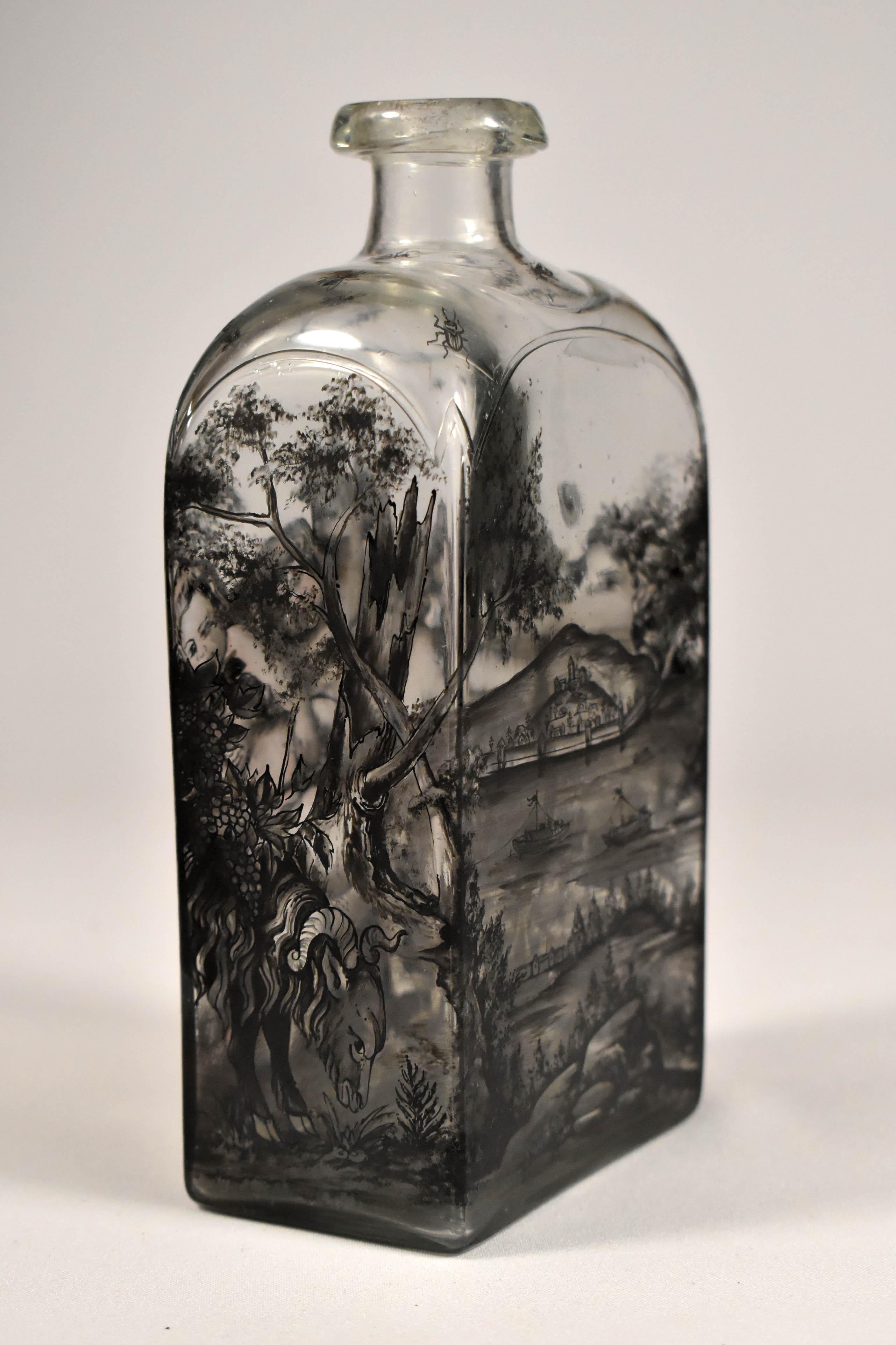Glass Flask, Painted – Bacchus -Schwarzlot 'Ignac Preisler?18th Century' 1