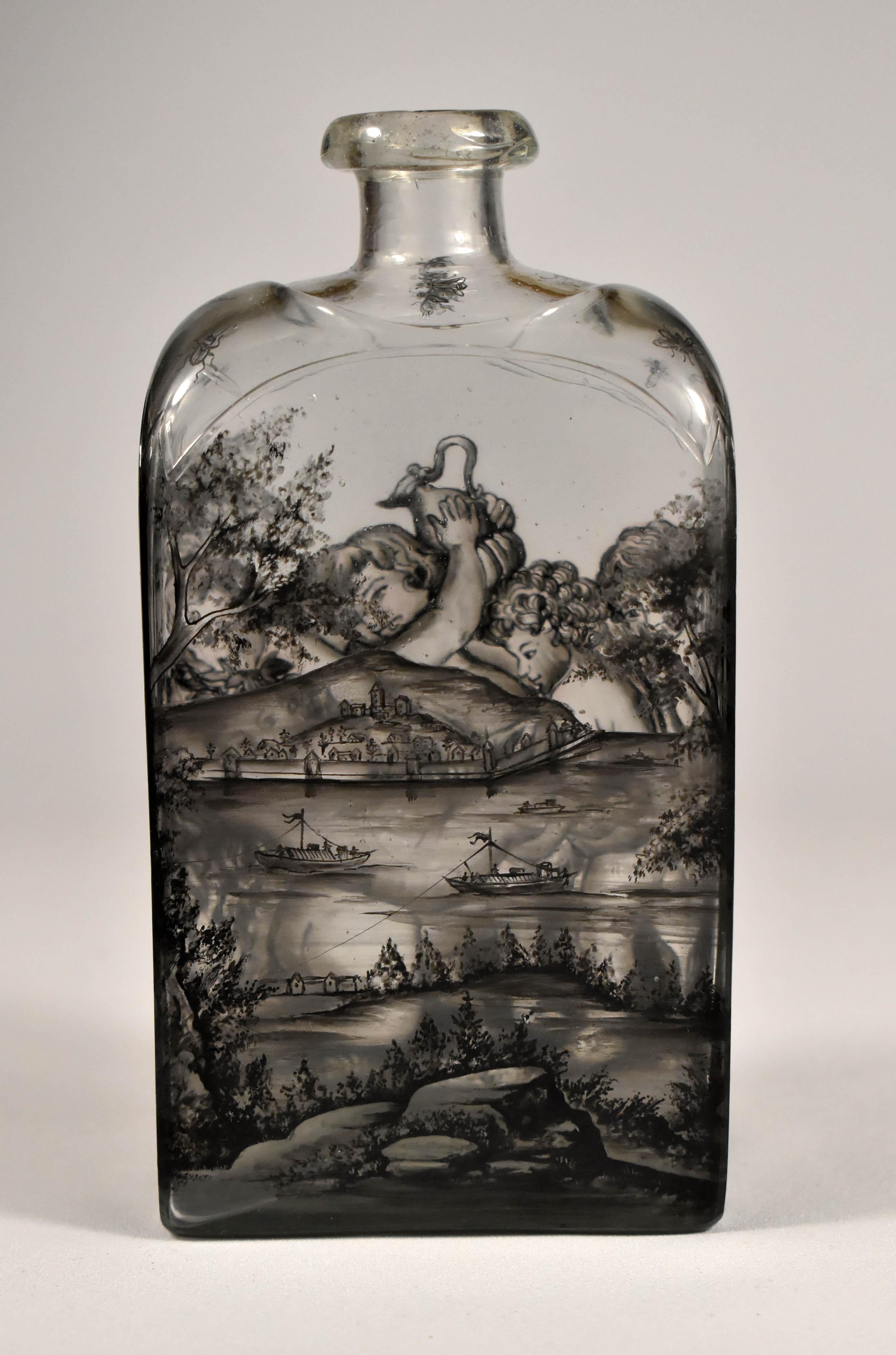 Glass Flask, Painted – Bacchus -Schwarzlot 'Ignac Preisler?18th Century' 2