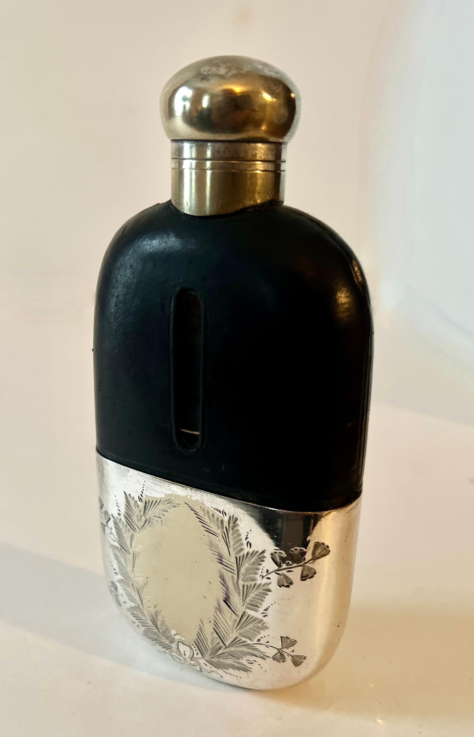 Glass Flask with Etched Silver Plate Base and Leather Top  For Sale 5