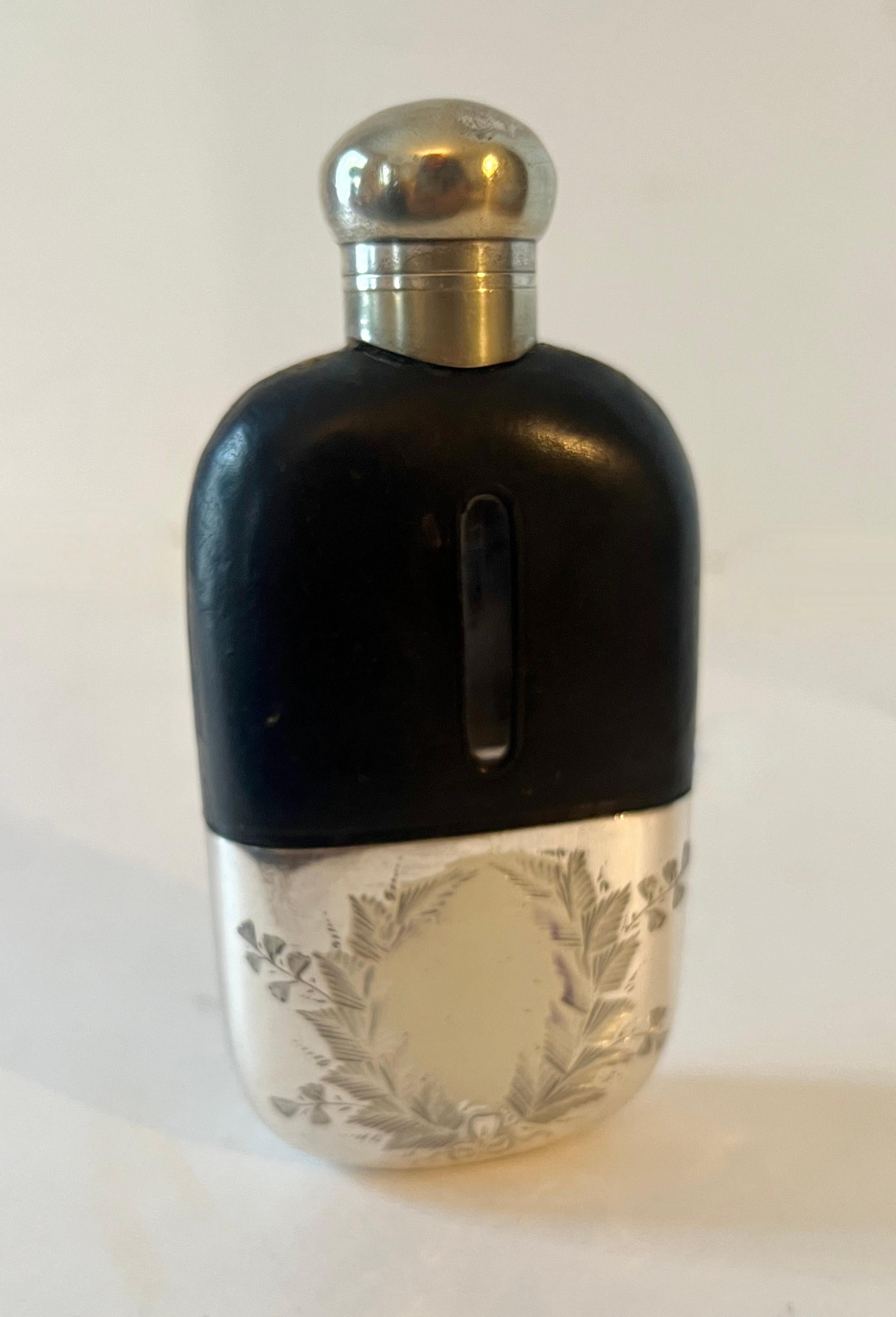 Glass Flask with Etched Silver Plate Base and Leather Top  For Sale 6