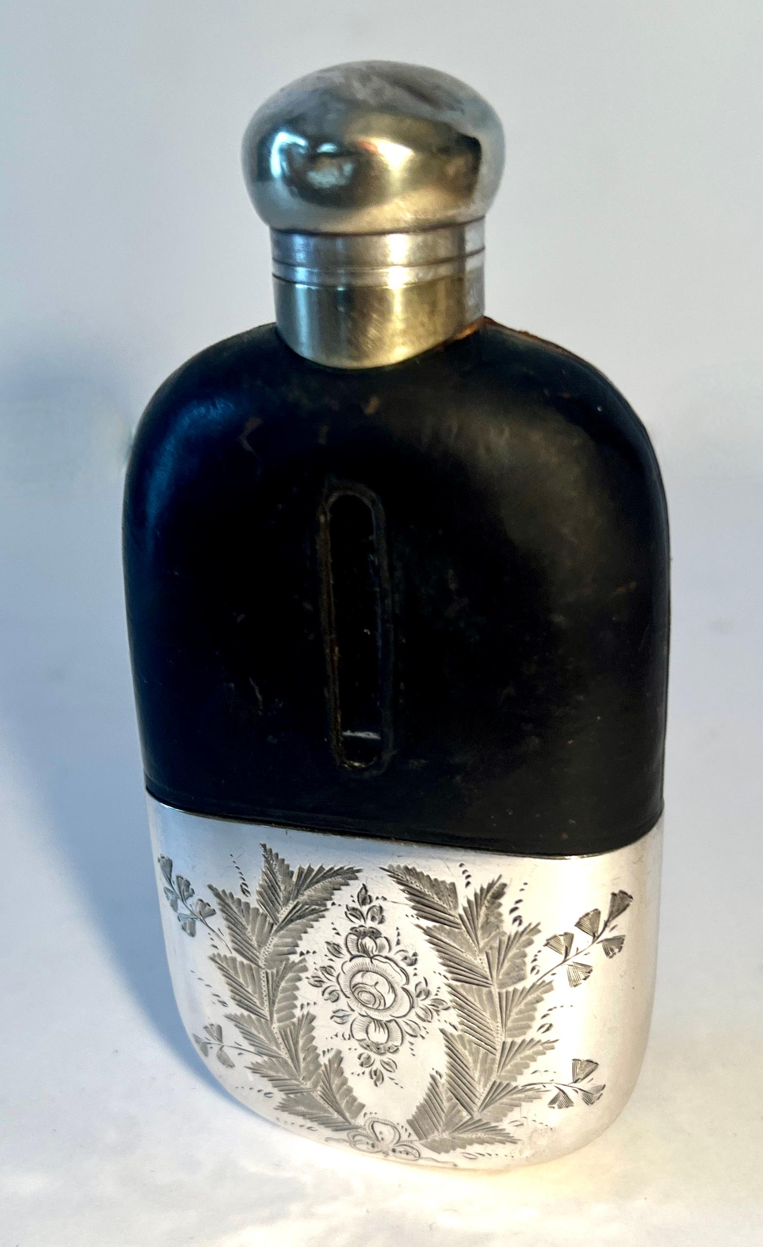 Glass Flask with Etched Silver Plate Base and Leather Top  For Sale 8