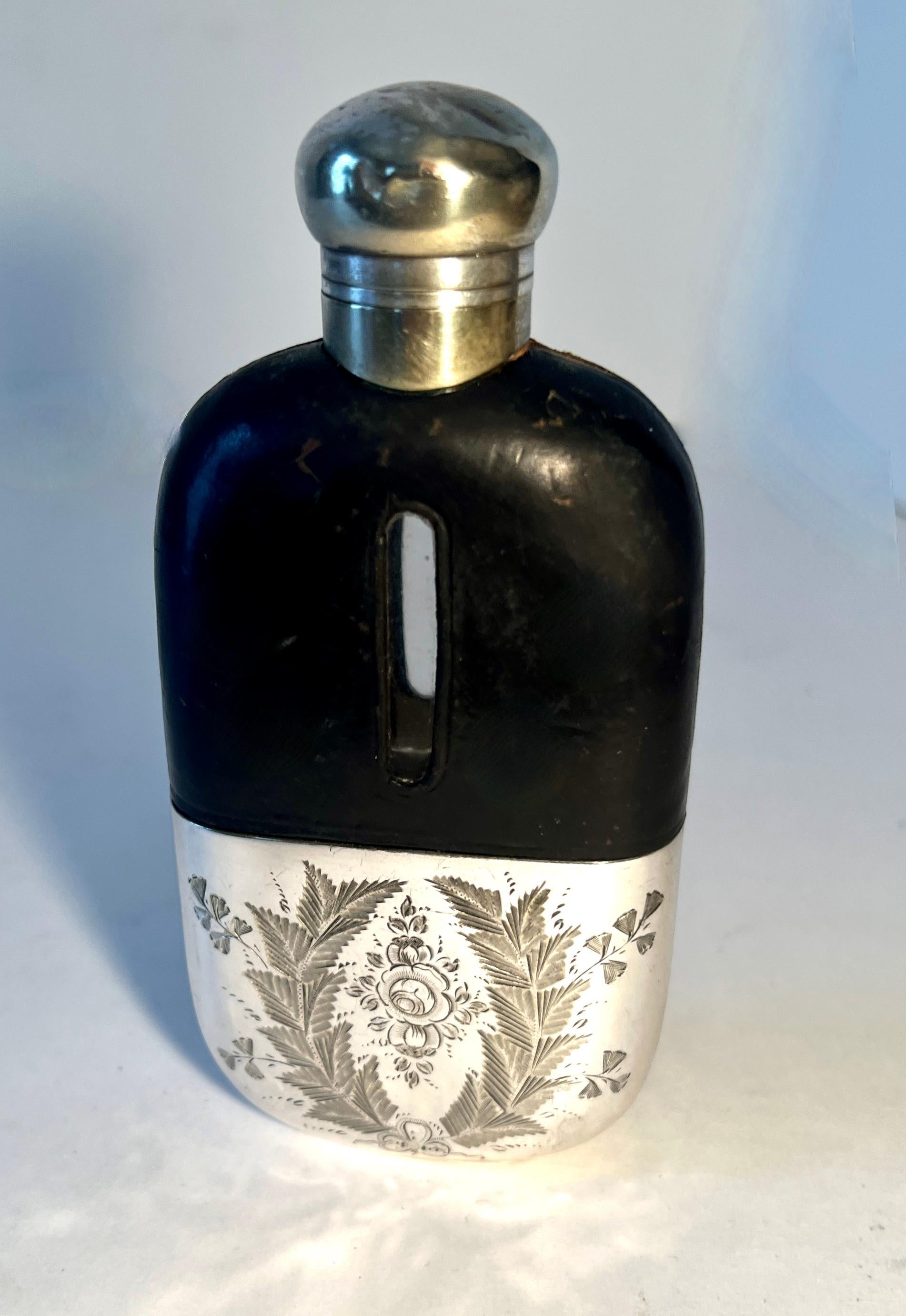 Glass Flask with Etched Silver Plate Base and Leather Top  For Sale 9
