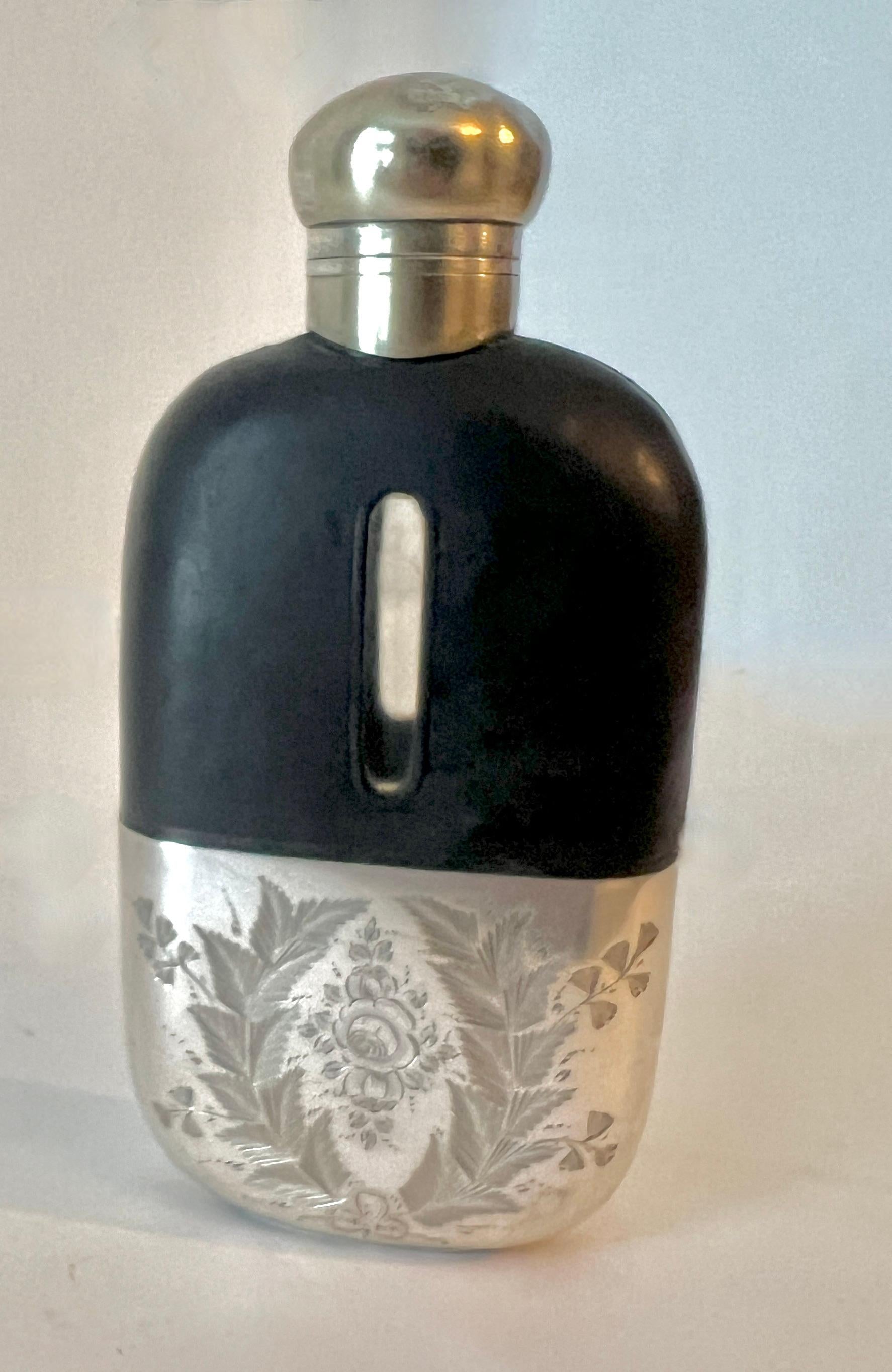 Victorian Glass Flask with Etched Silver Plate Base and Leather Top  For Sale