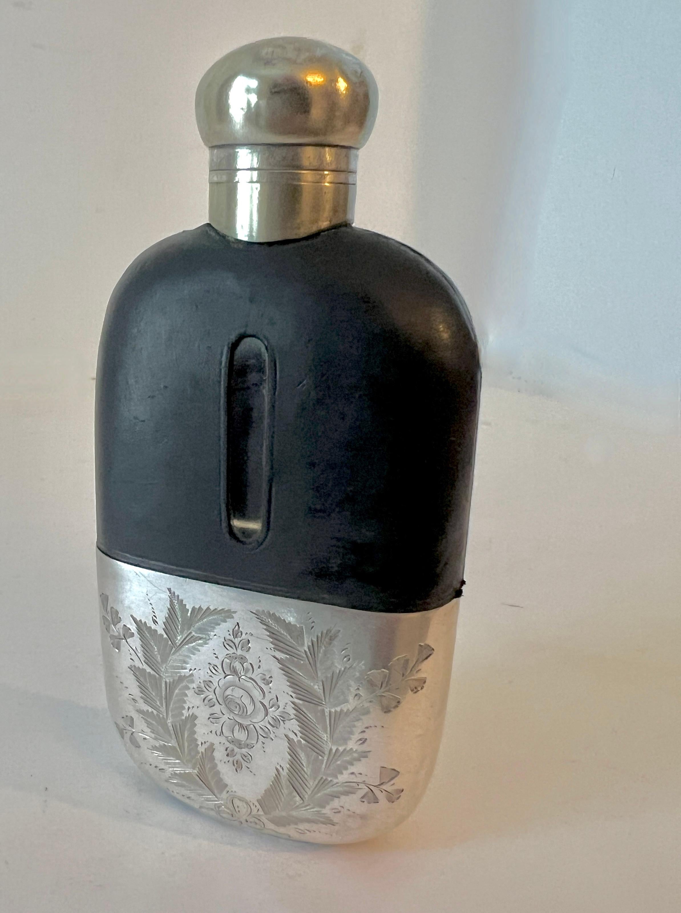 European Glass Flask with Etched Silver Plate Base and Leather Top  For Sale