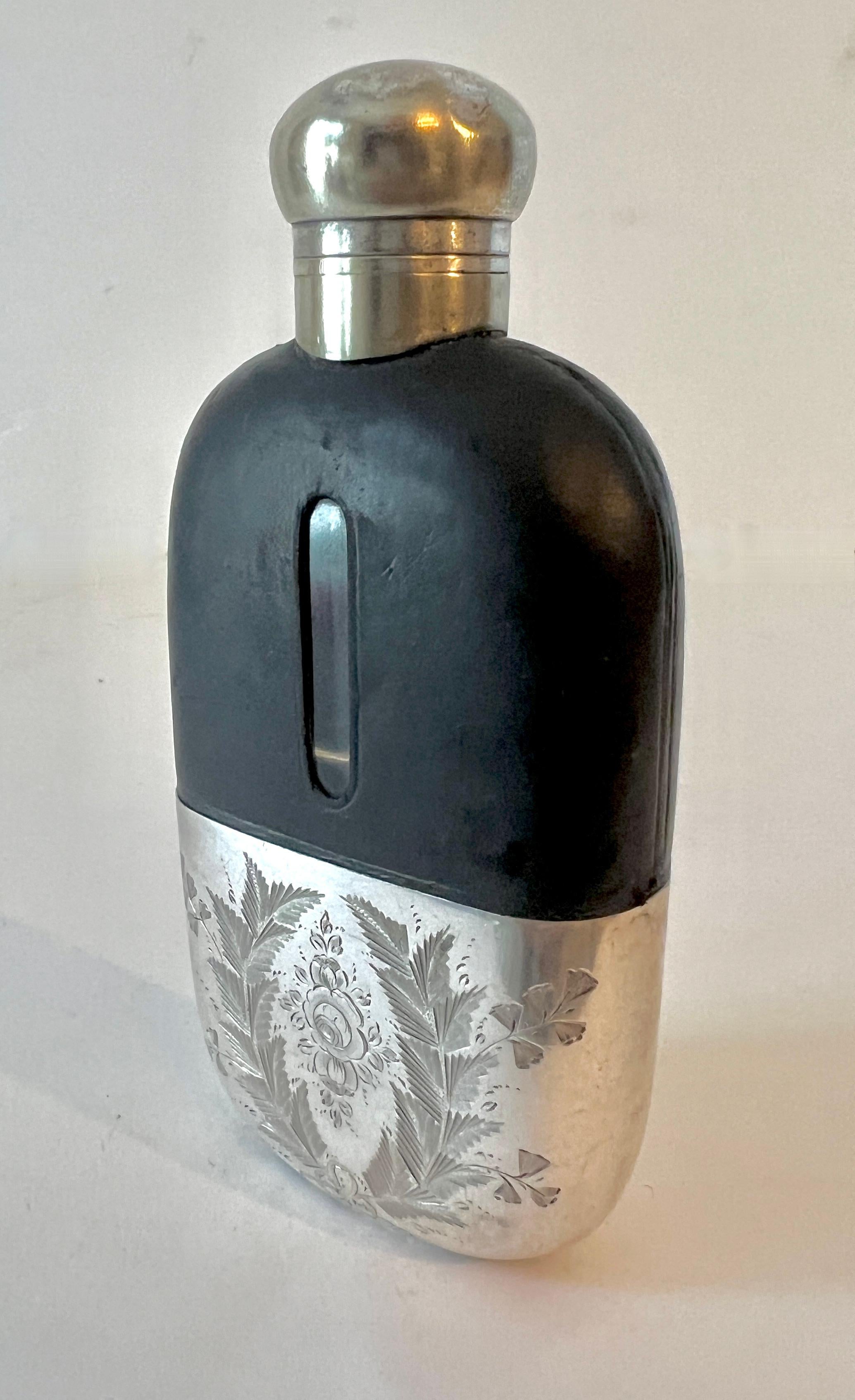 Patinated Glass Flask with Etched Silver Plate Base and Leather Top  For Sale