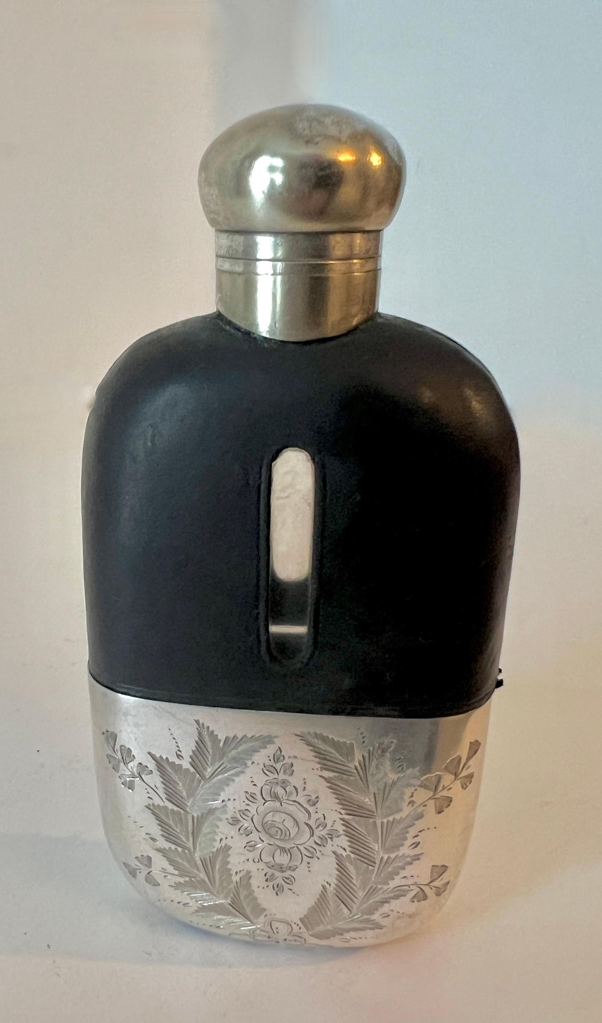 Glass Flask with Etched Silver Plate Base and Leather Top  In Good Condition For Sale In Los Angeles, CA