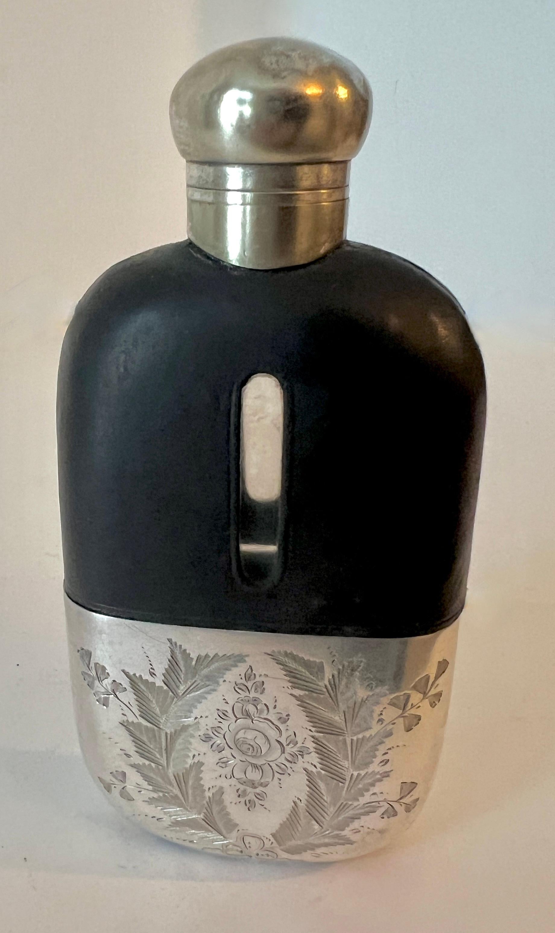 20th Century Glass Flask with Etched Silver Plate Base and Leather Top  For Sale