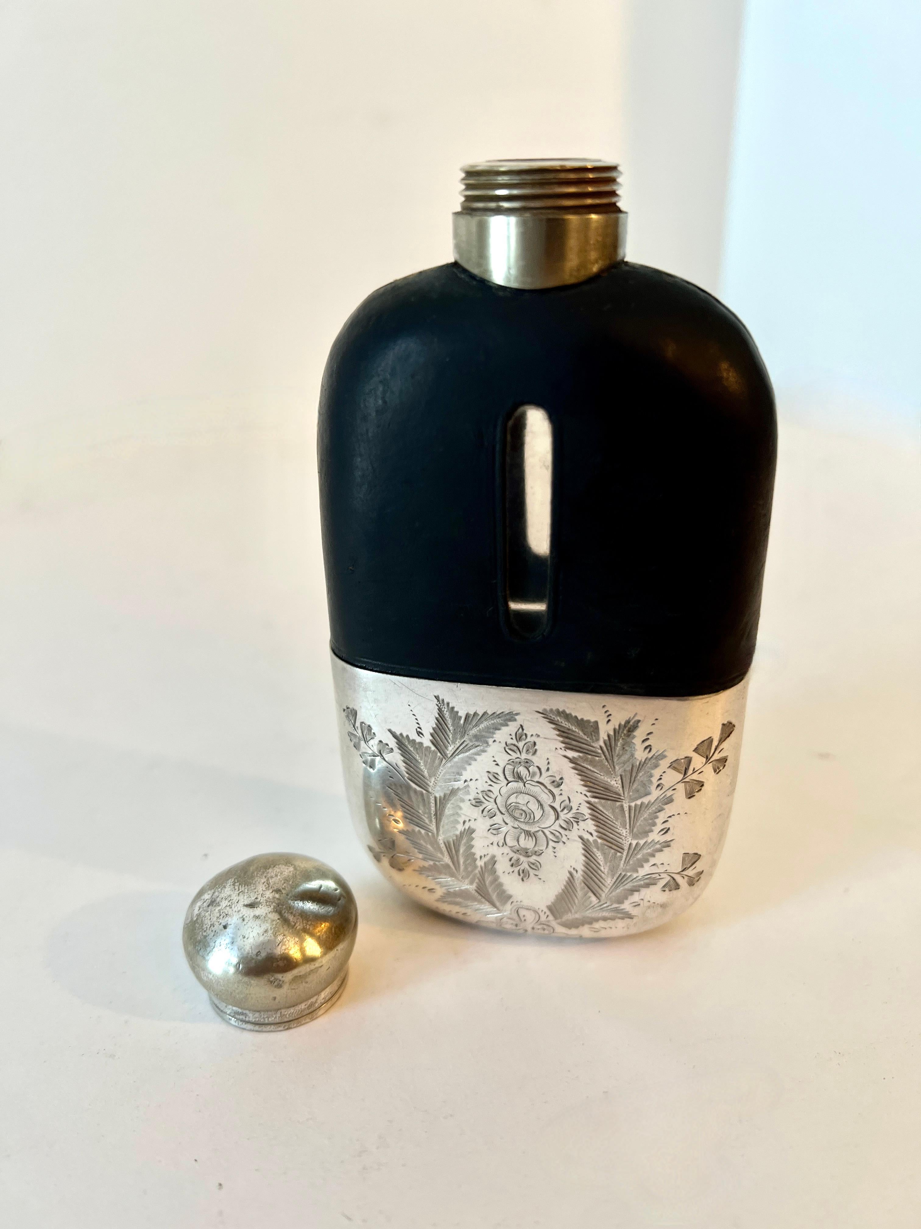 Glass Flask with Etched Silver Plate Base and Leather Top  For Sale 1