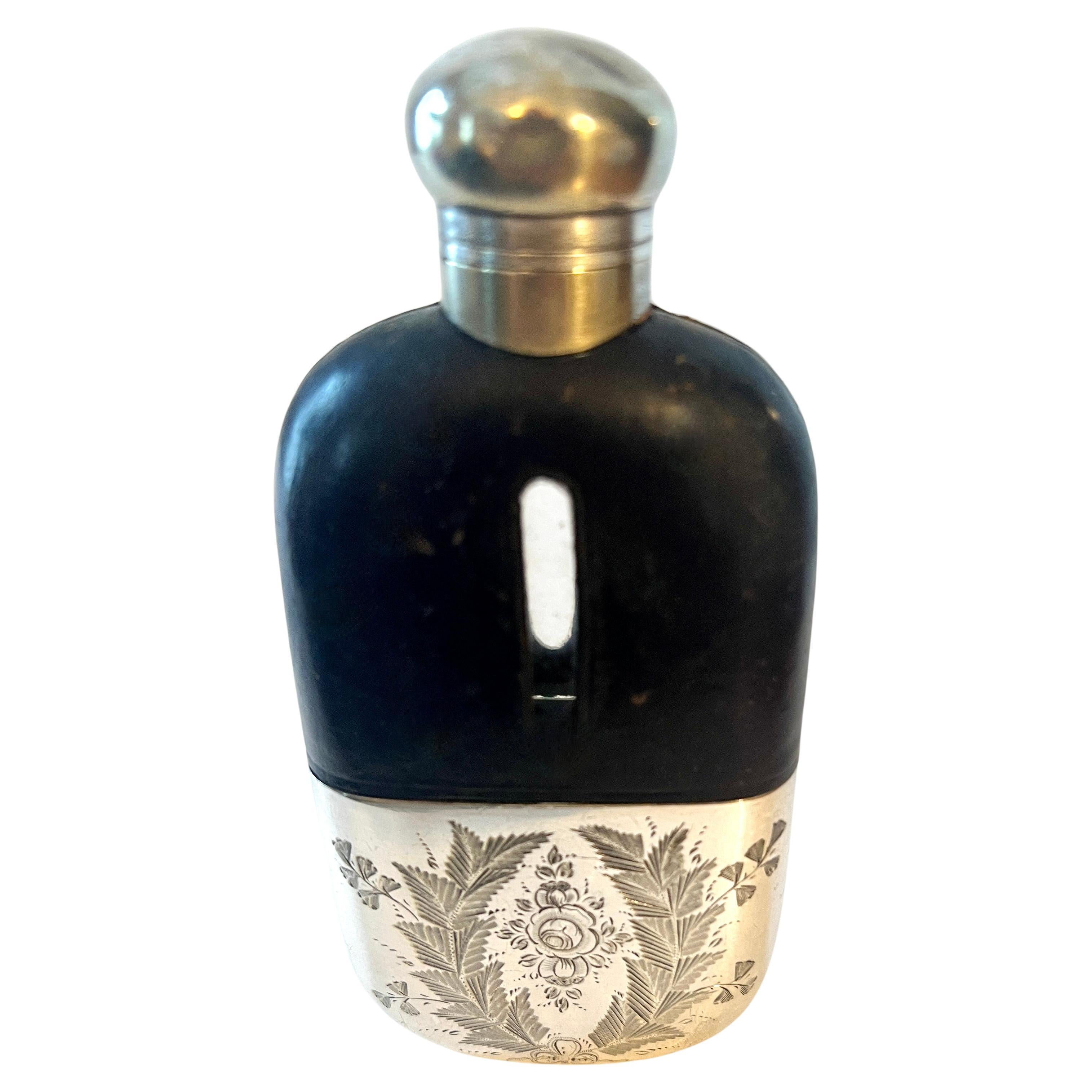 Glass Flask with Etched Silver Plate Base and Leather Top  For Sale