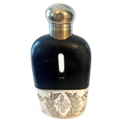 Vintage Glass Flask with Etched Silver Plate Base and Leather Top 