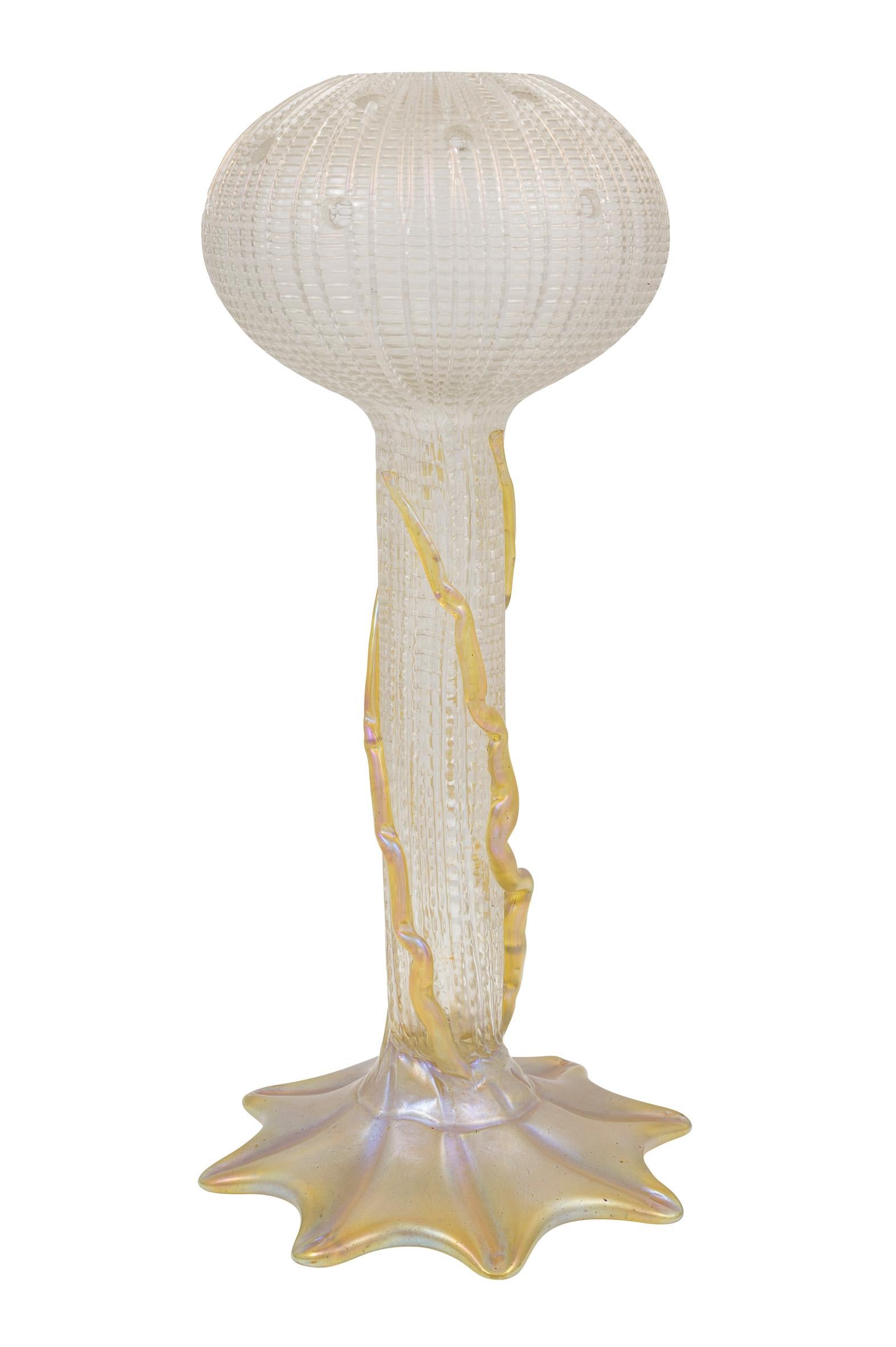 Flower vessel, glass vase, Adolf Beckert, manufactured by Johann Loetz Witwe, ca. 1905/6, Art Nouveau, Jugendstil, Art Deco, art glass, iridescent glass, white, gold

Technique: Glass, mold blown, free formed, reduced and iridescent