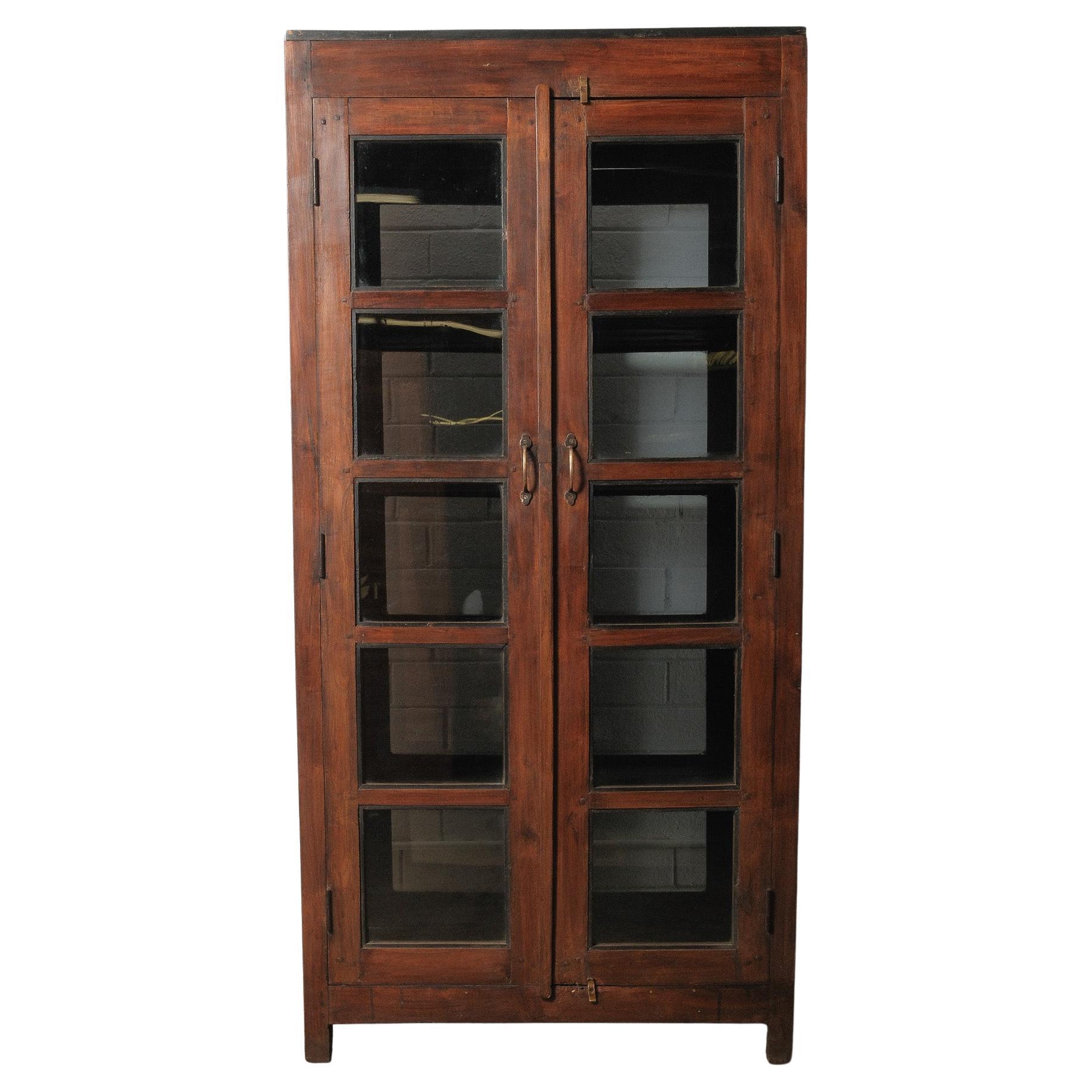 Glass-Front Wood Cabinet with Dual-Sided Doors