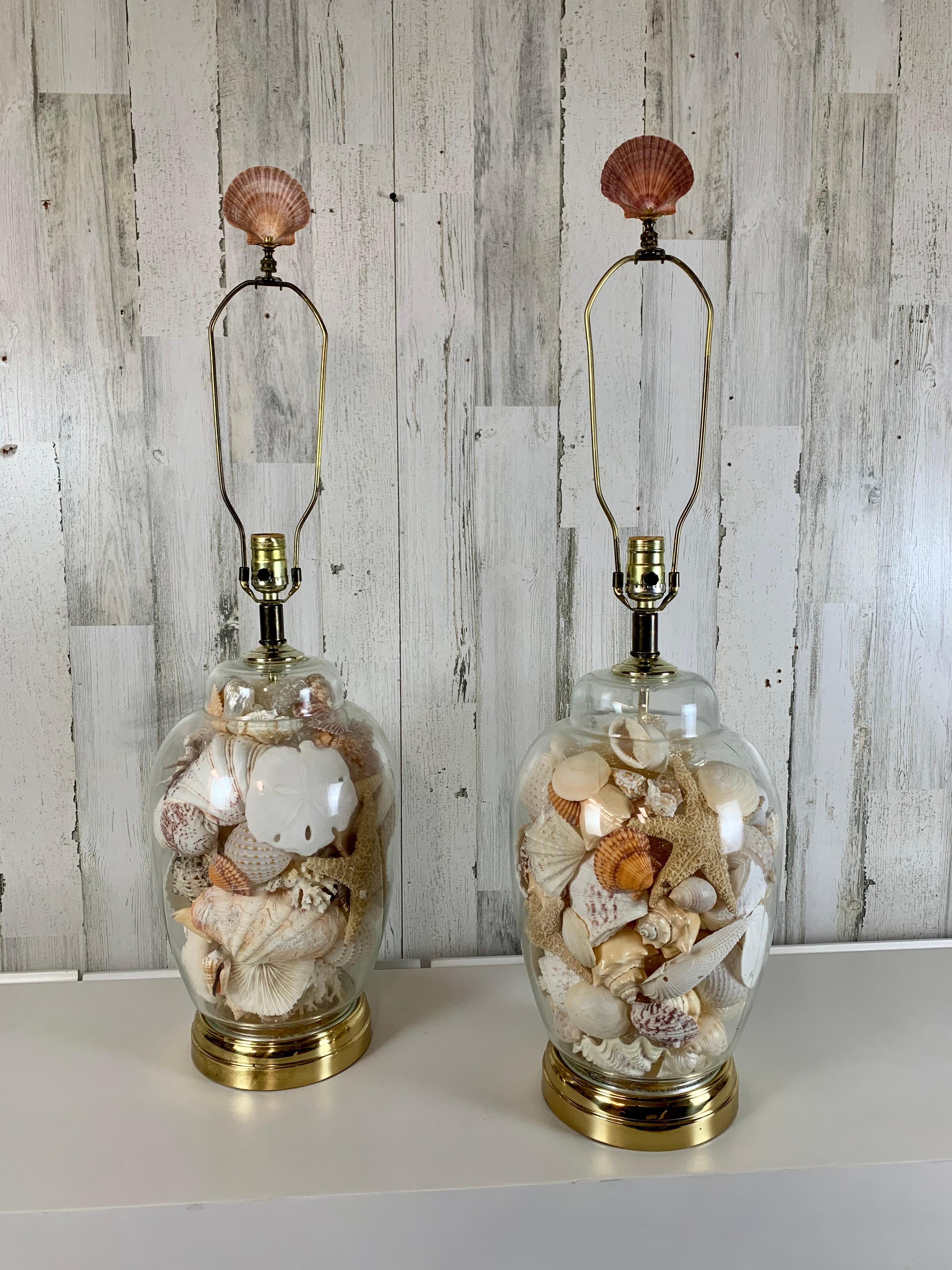 Schöne, mit Muscheln gefüllte Glas-Ingwer-Glas-Tischlampen aus den 1980er Jahren. Perfekt für die Küsten- oder Grottenatmosphäre.