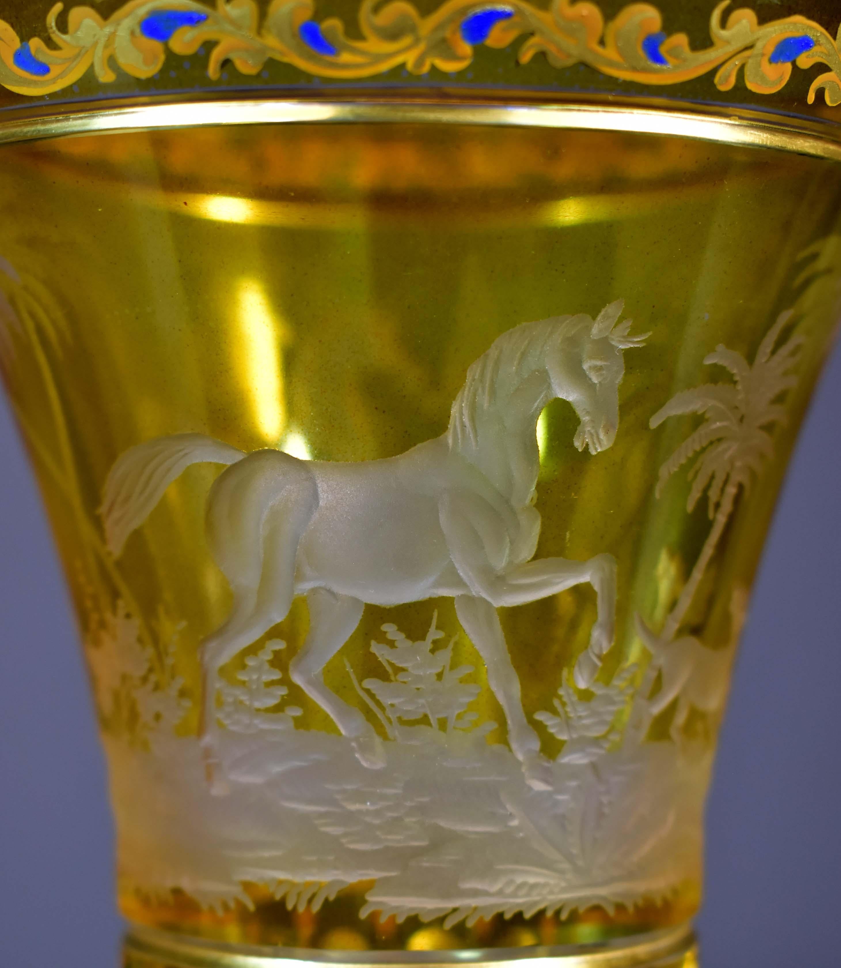 European Glass Goblet-Engraved Horses-Hand Painted-Bohemian Glass 19-20th century