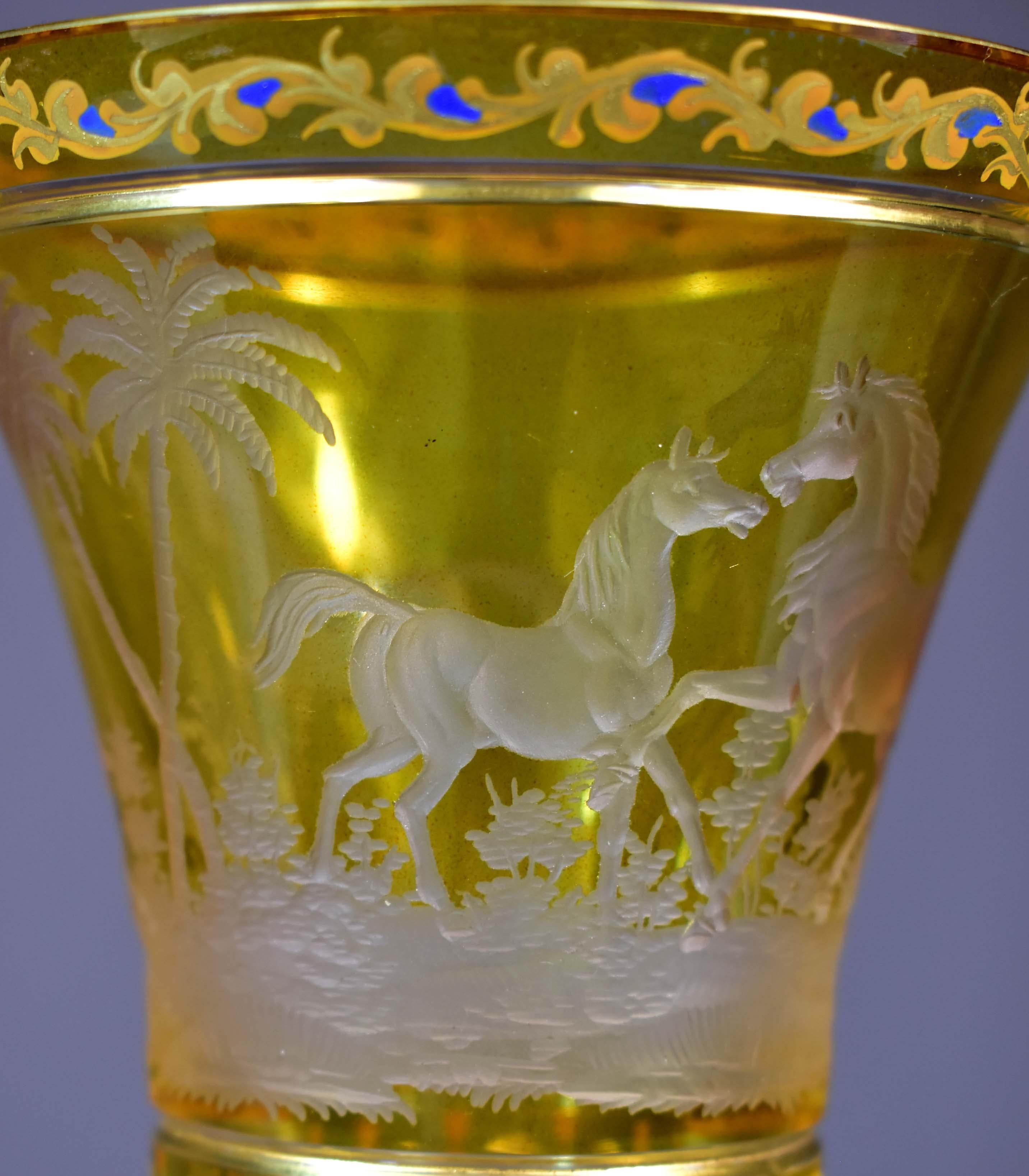 Hand-Crafted Glass Goblet-Engraved Horses-Hand Painted-Bohemian Glass 19-20th century
