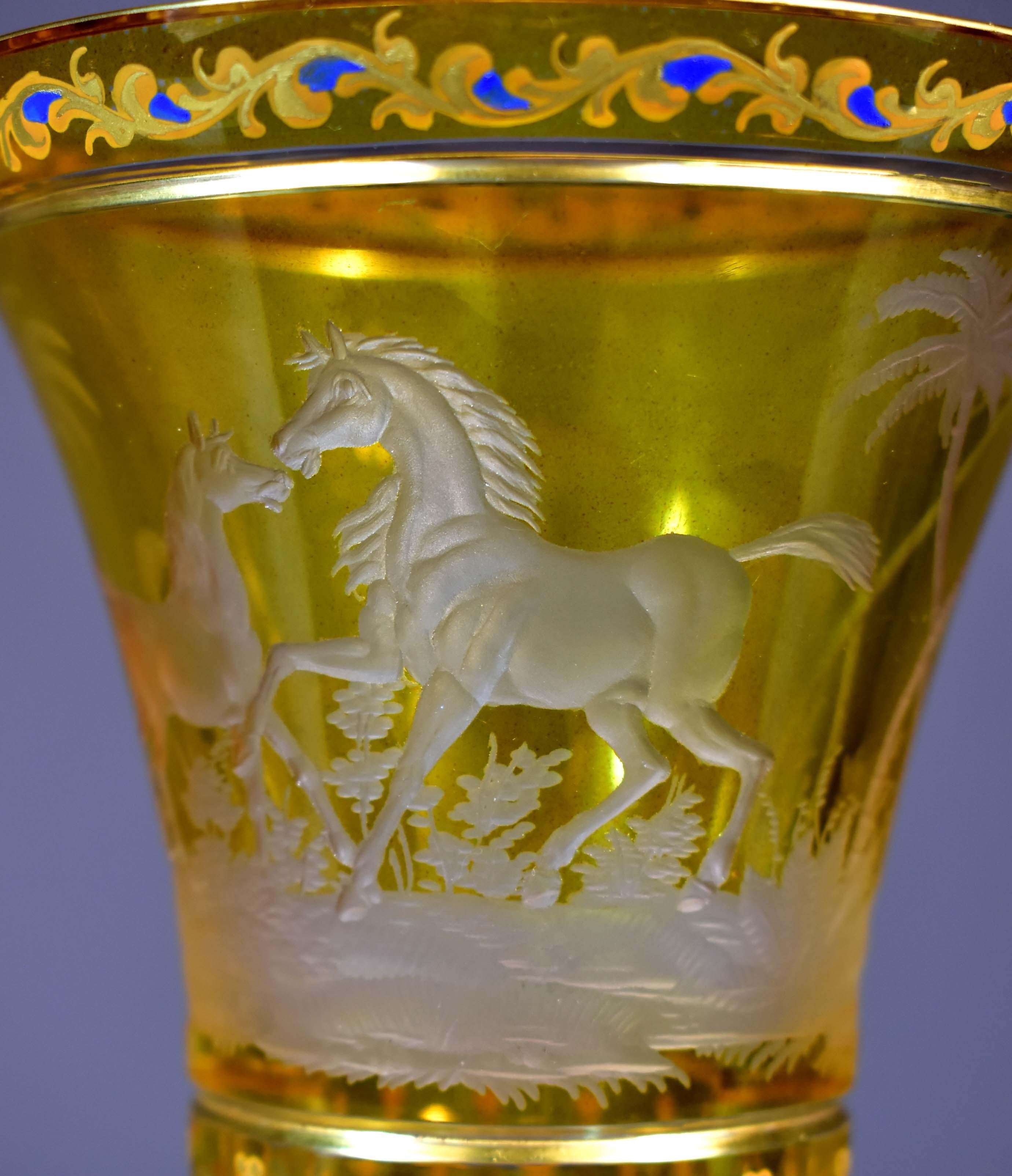 Glass Goblet-Engraved Horses-Hand Painted-Bohemian Glass 19-20th century In Good Condition In Nový Bor, CZ