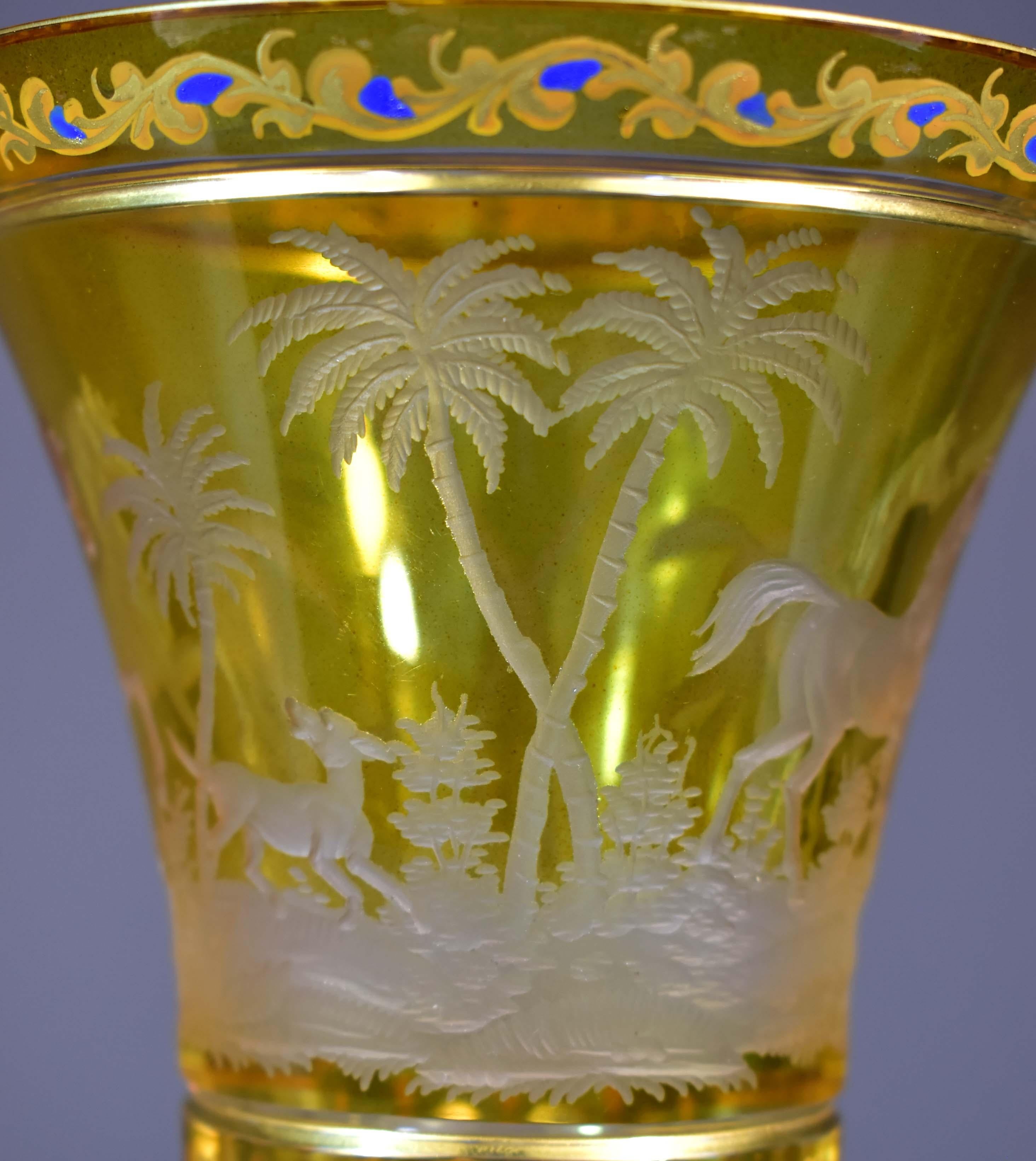 20th Century Glass Goblet-Engraved Horses-Hand Painted-Bohemian Glass 19-20th century
