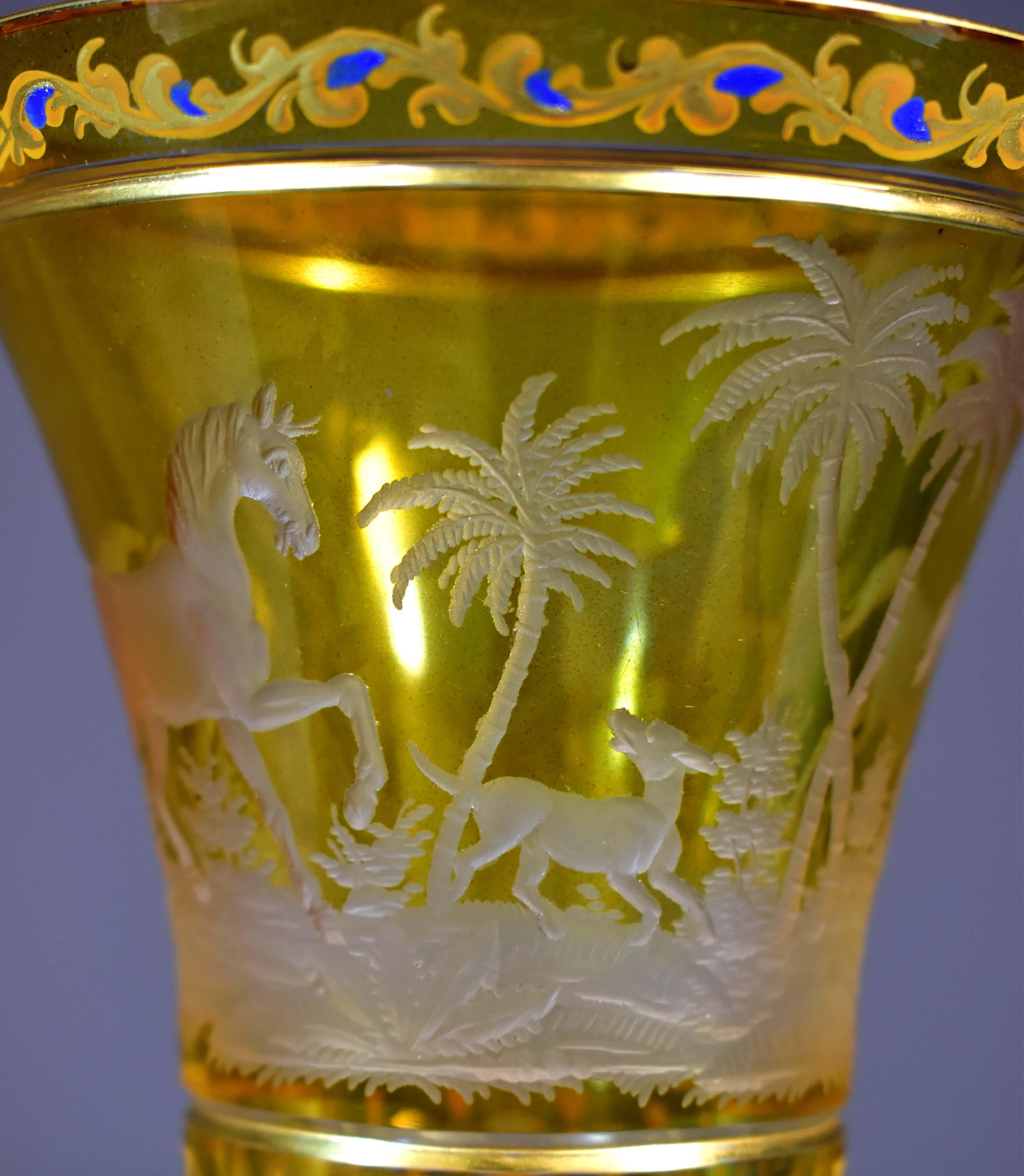 Art Glass Glass Goblet-Engraved Horses-Hand Painted-Bohemian Glass 19-20th century