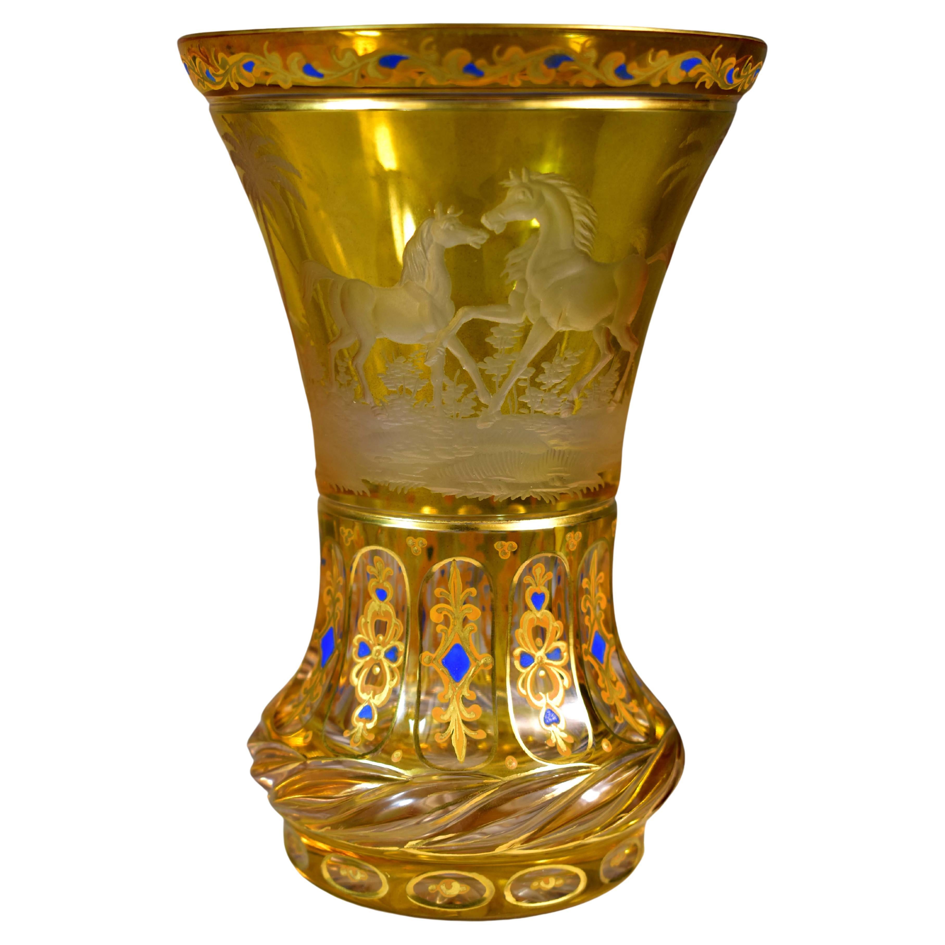 Glass Goblet-Engraved Horses-Hand Painted-Bohemian Glass 19-20th century
