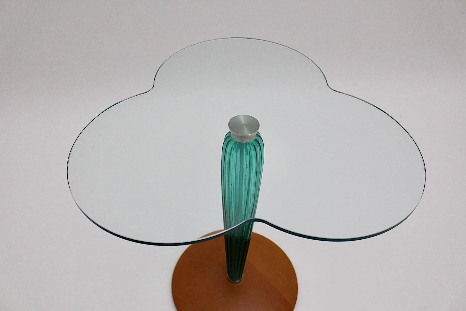 Modern Glass Green Beech Cloverleaf Vintage Side Table circa 1980 Italy For Sale