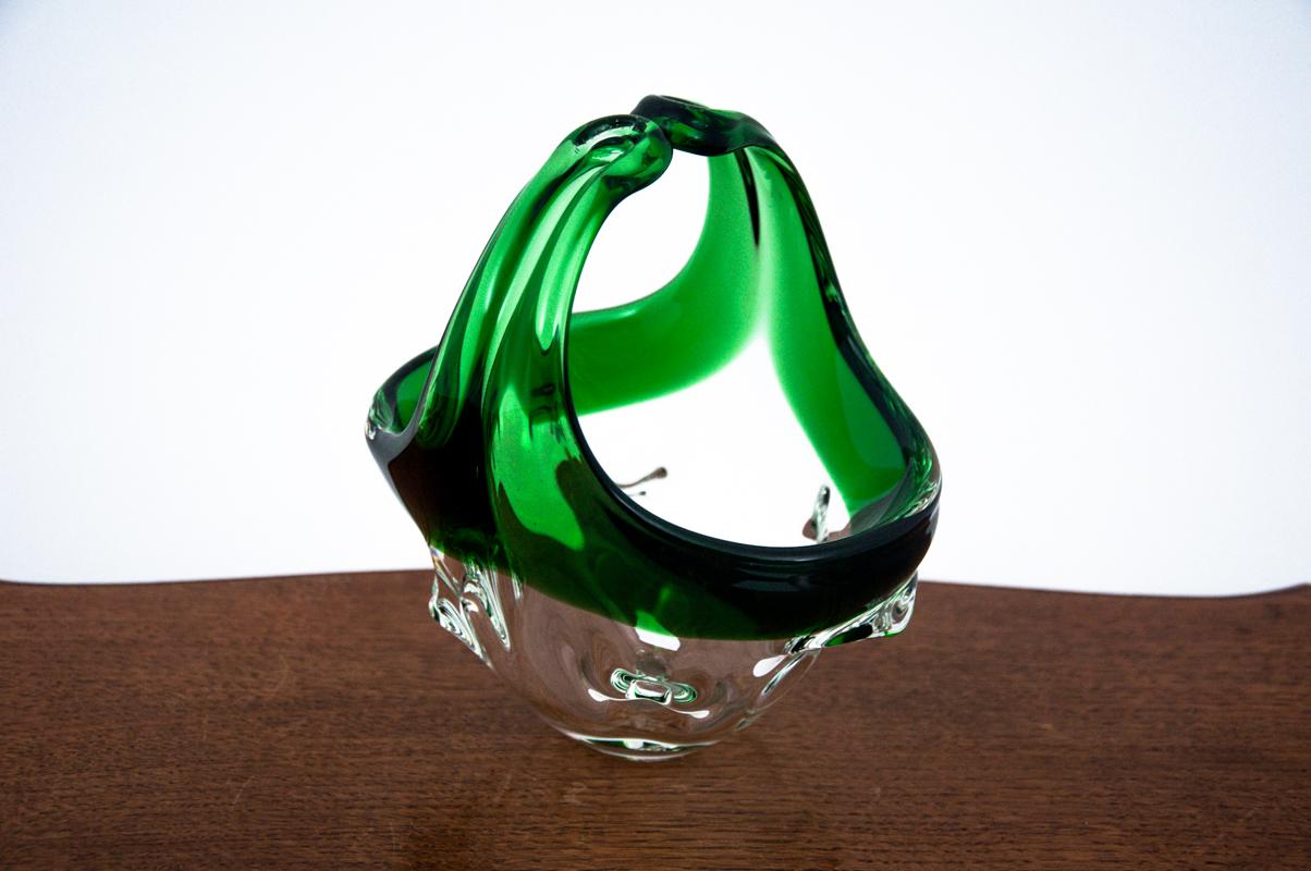 Mid-Century Modern Glass Green Decorative Basket, Czechoslovakia, 1960s For Sale
